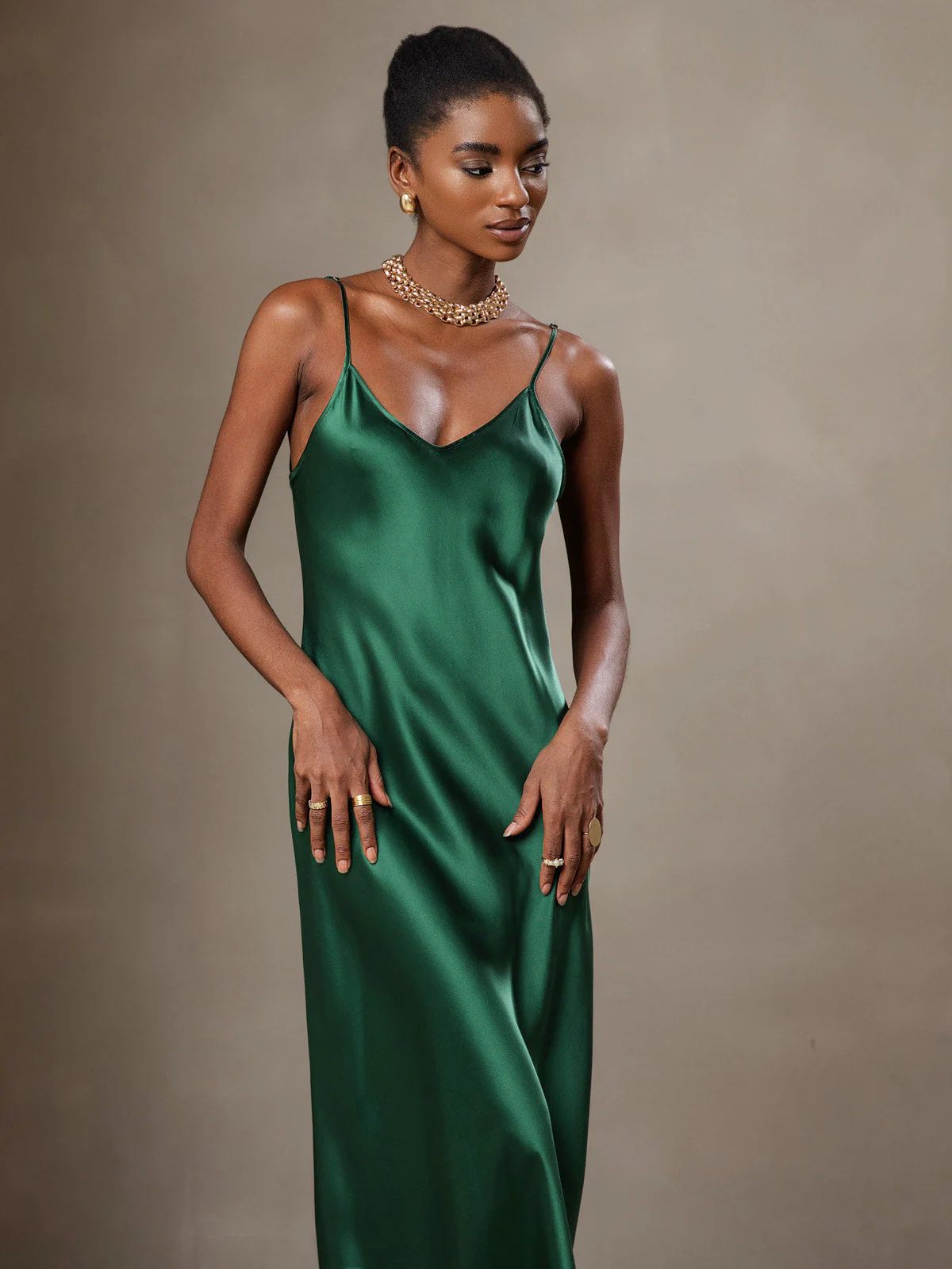 100% Soie de Mûrier Robe Longue Midi à Bretelles Spaghettis - Image 23