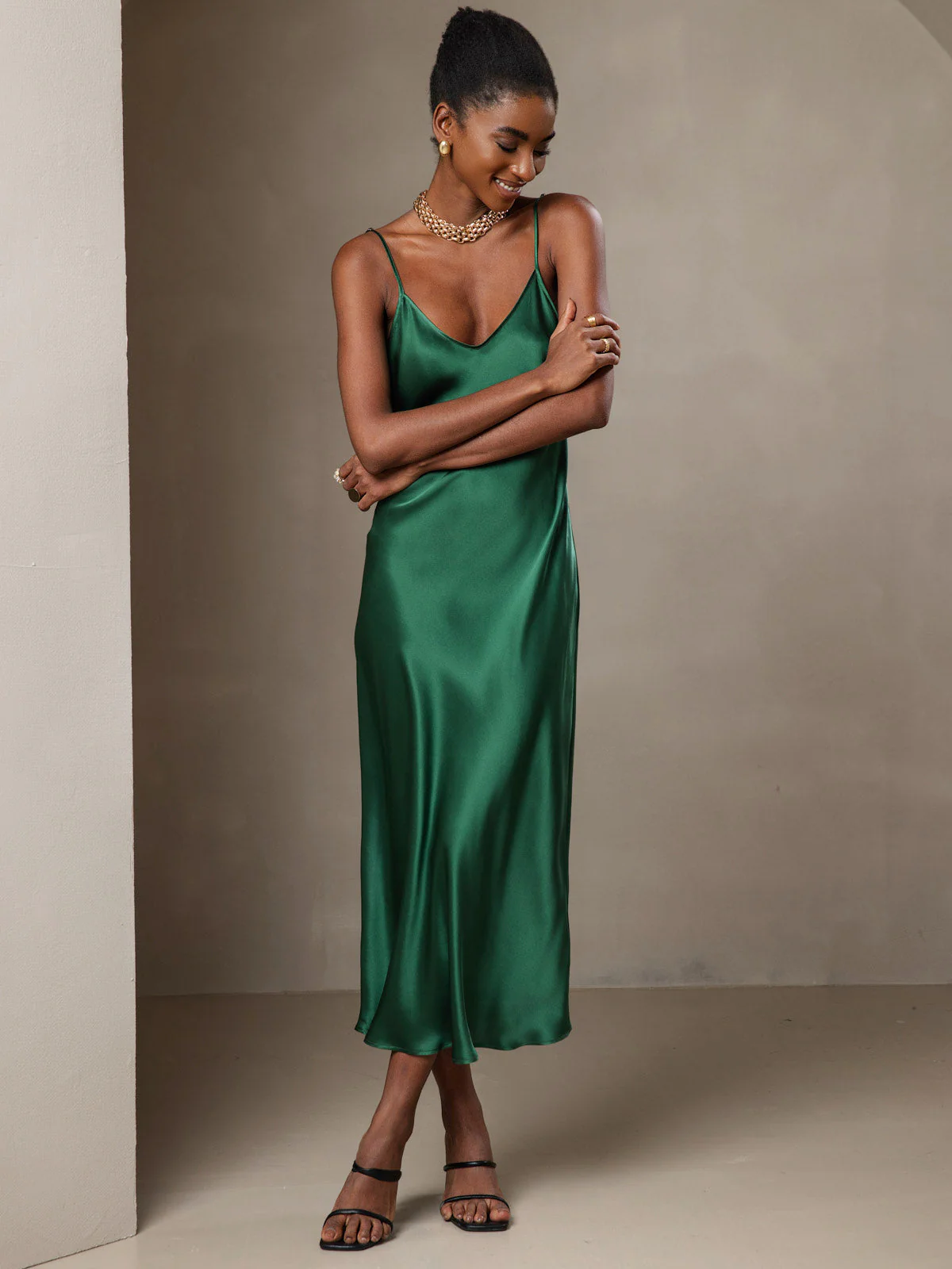 100% Soie de Mûrier Robe Longue Midi à Bretelles Spaghettis - Image 25