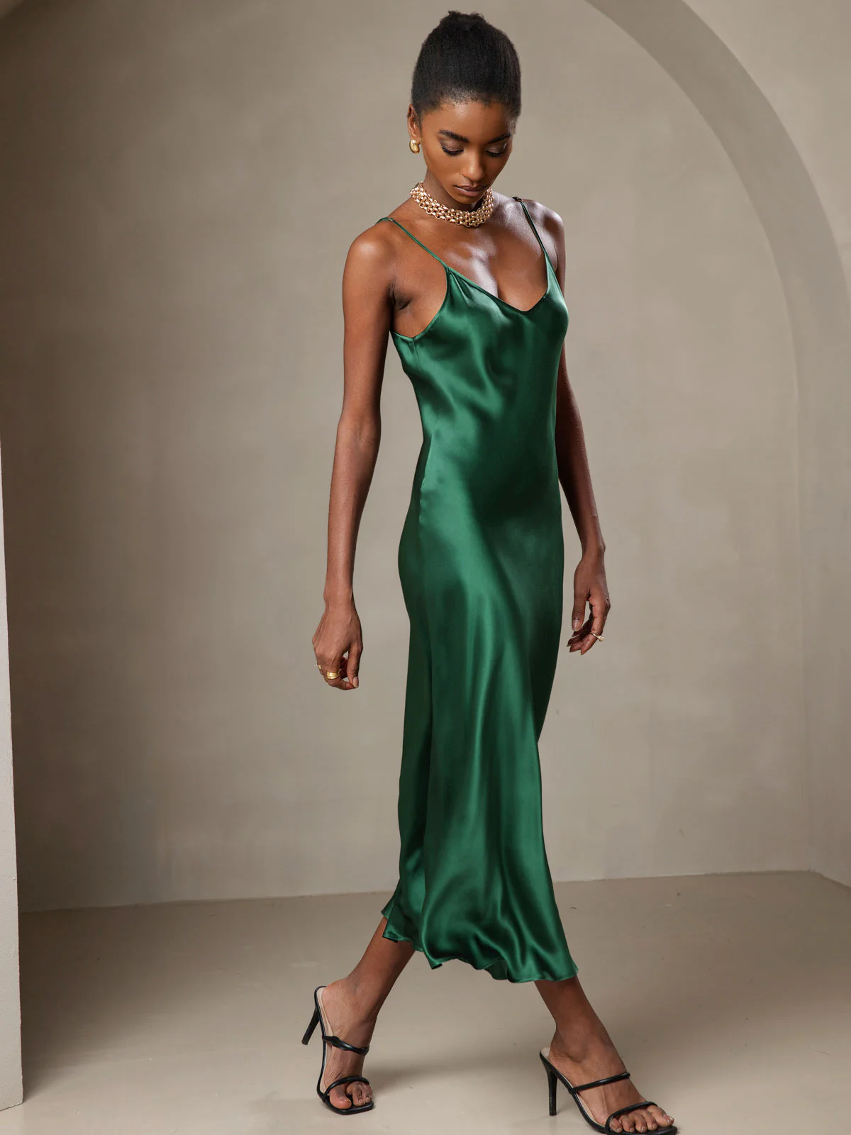 100% Soie de Mûrier Robe Longue Midi à Bretelles Spaghettis - Image 26