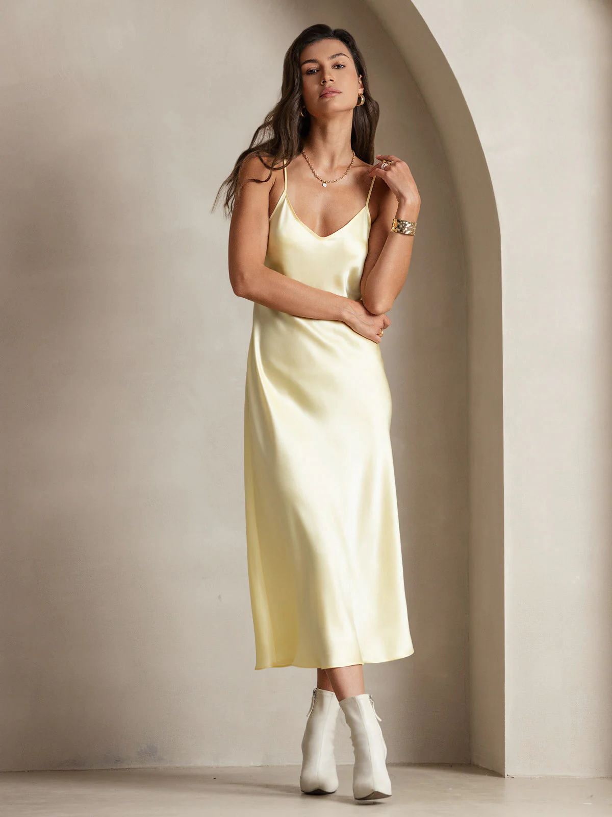 100% Soie de Mûrier Robe Longue Midi à Bretelles Spaghettis - Image 35