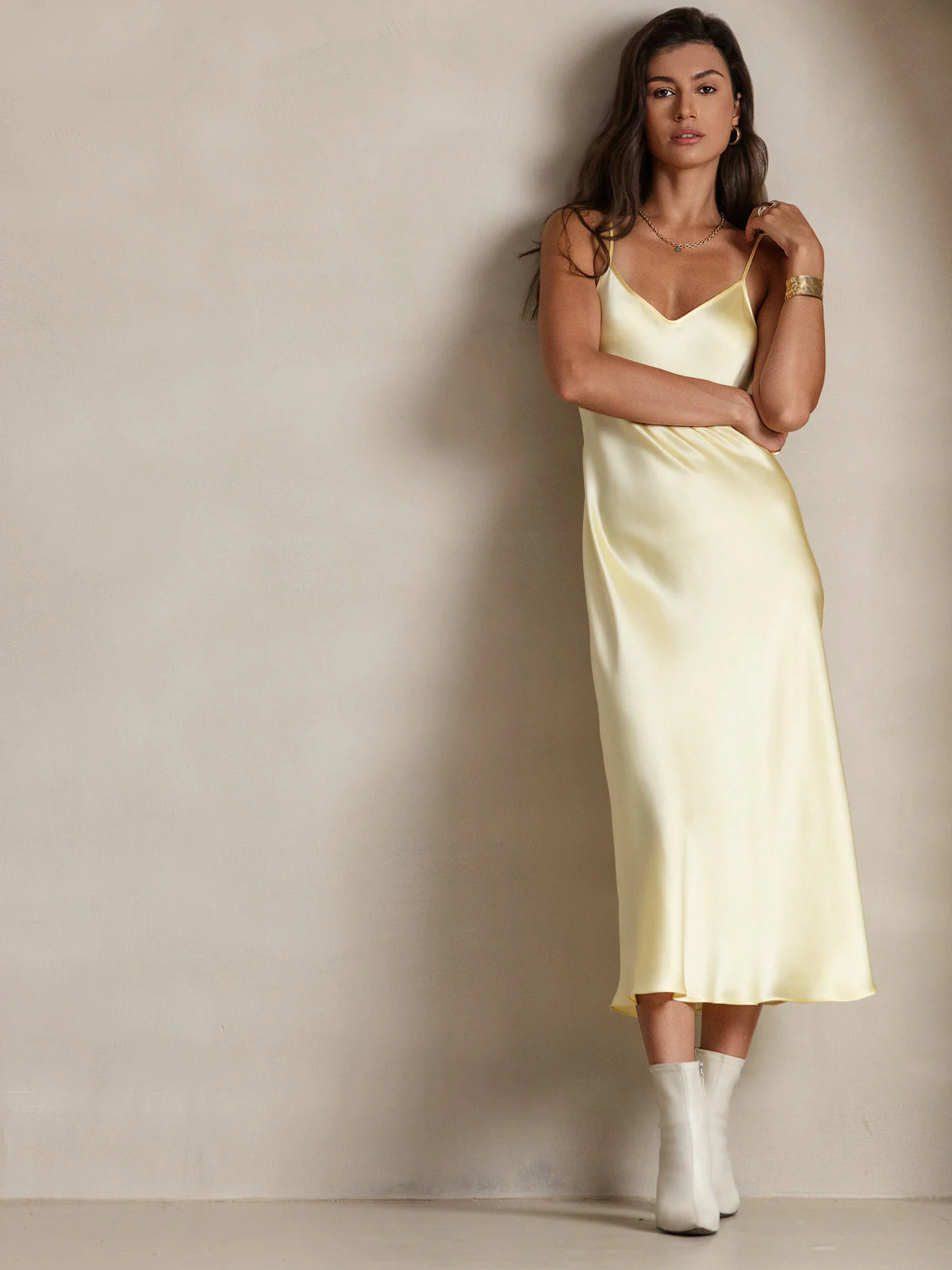 100% Soie de Mûrier Robe Longue Midi à Bretelles Spaghettis - Image 37
