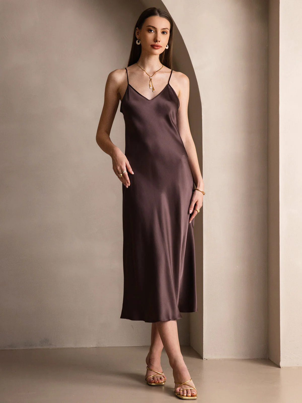 100% Soie de Mûrier Robe Longue Midi à Bretelles Spaghettis - Image 41