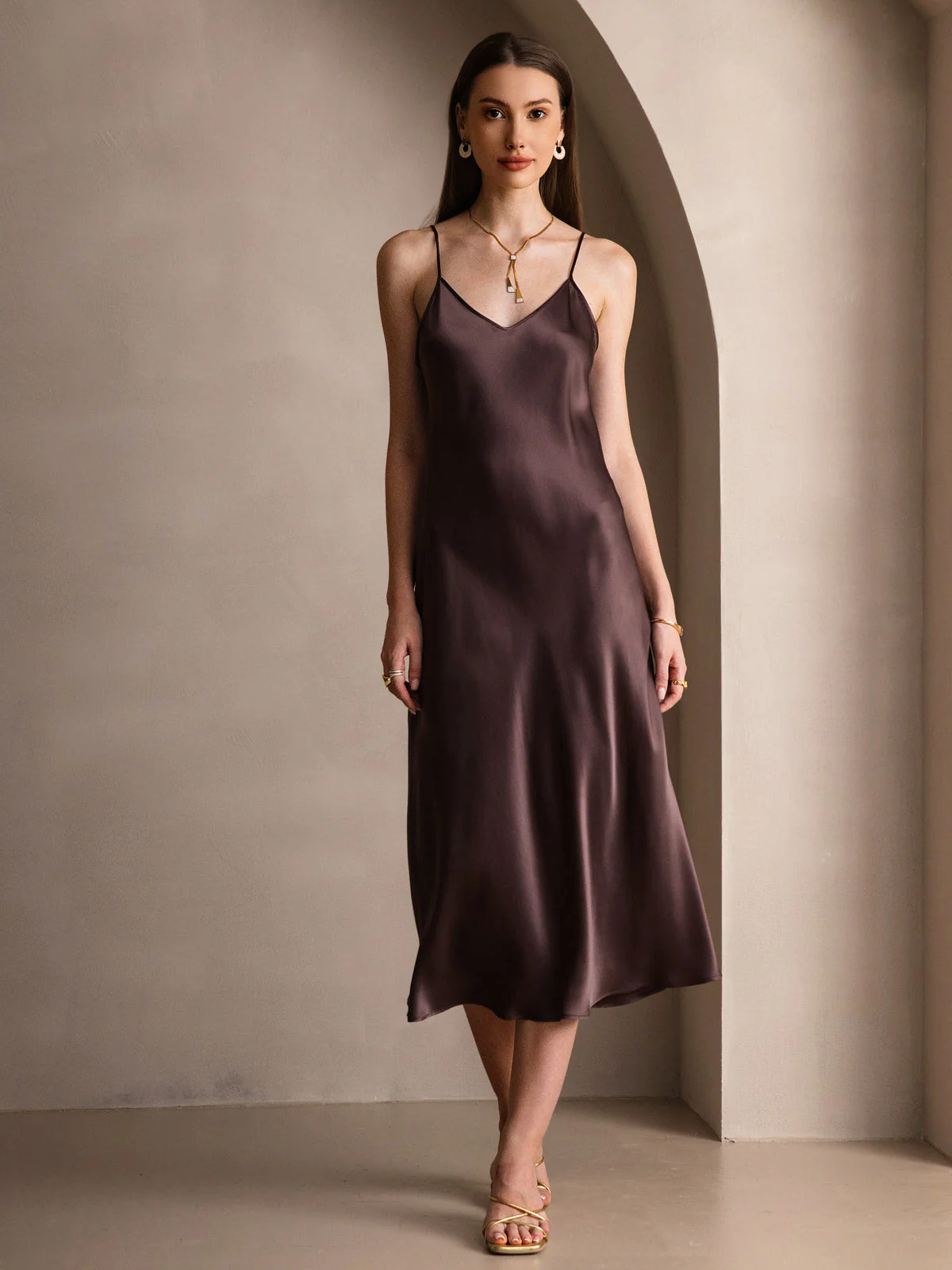 100% Soie de Mûrier Robe Longue Midi à Bretelles Spaghettis - Image 42