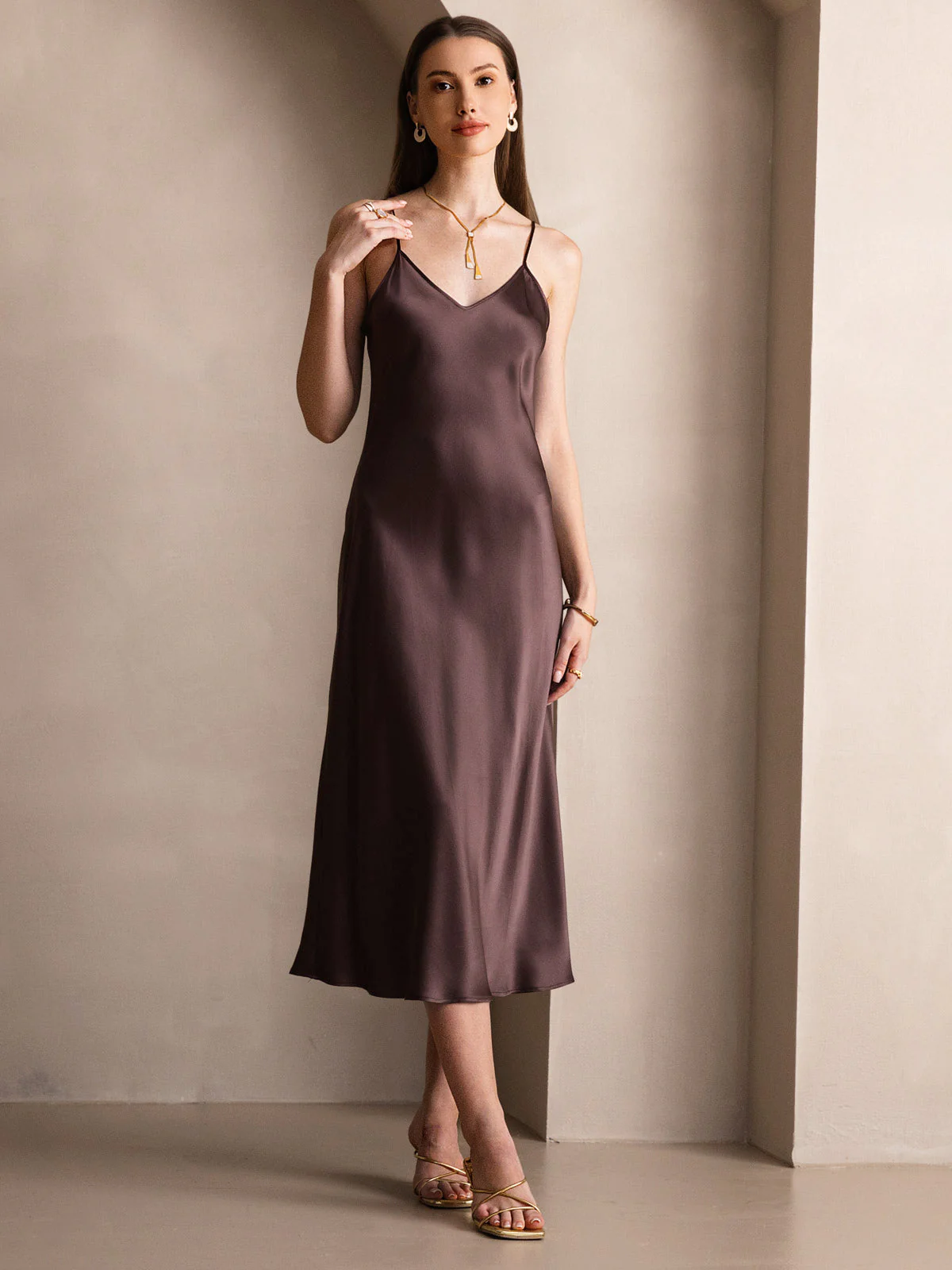 100% Soie de Mûrier Robe Longue Midi à Bretelles Spaghettis - Image 43