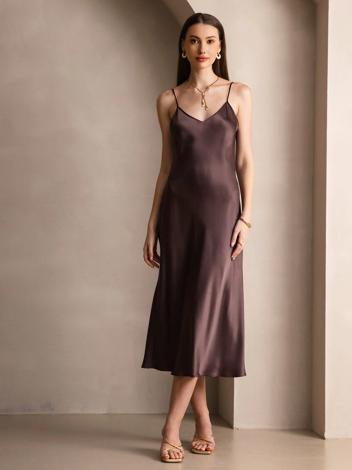 100% Soie de Mûrier Robe Longue Midi à Bretelles Spaghettis - Image 44