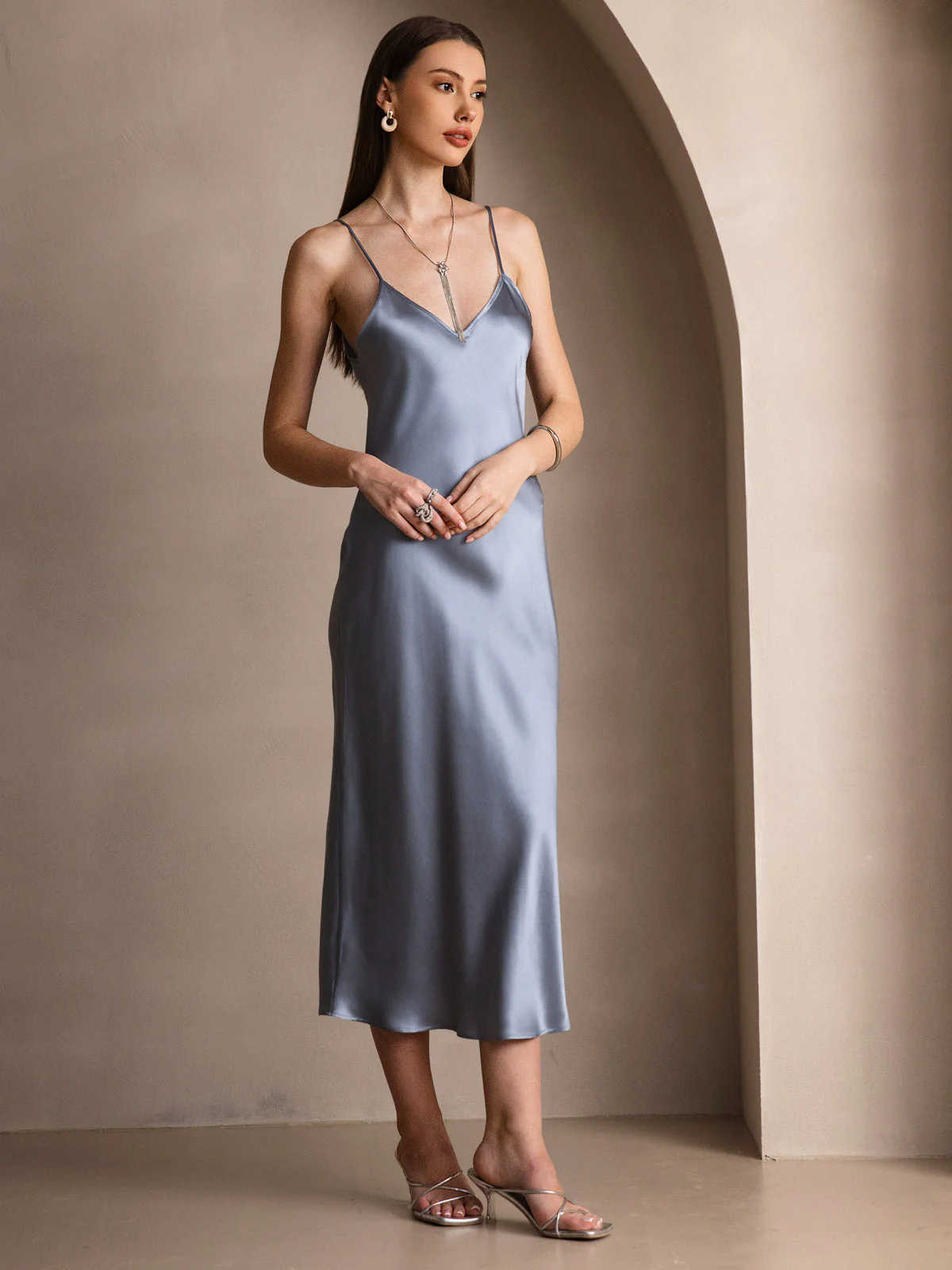 100% Soie de Mûrier Robe Longue Midi à Bretelles Spaghettis - Image 48