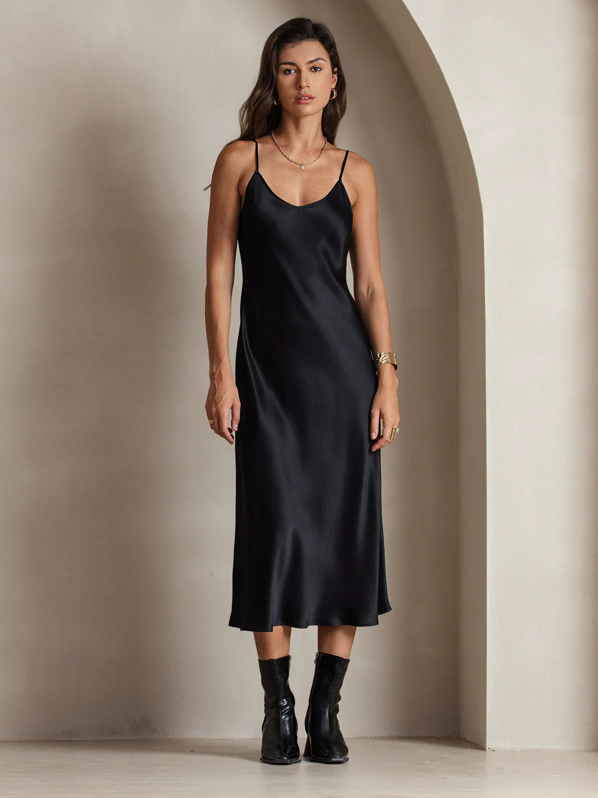 100% Soie de Mûrier Robe Longue Midi à Bretelles Spaghettis - Image 5