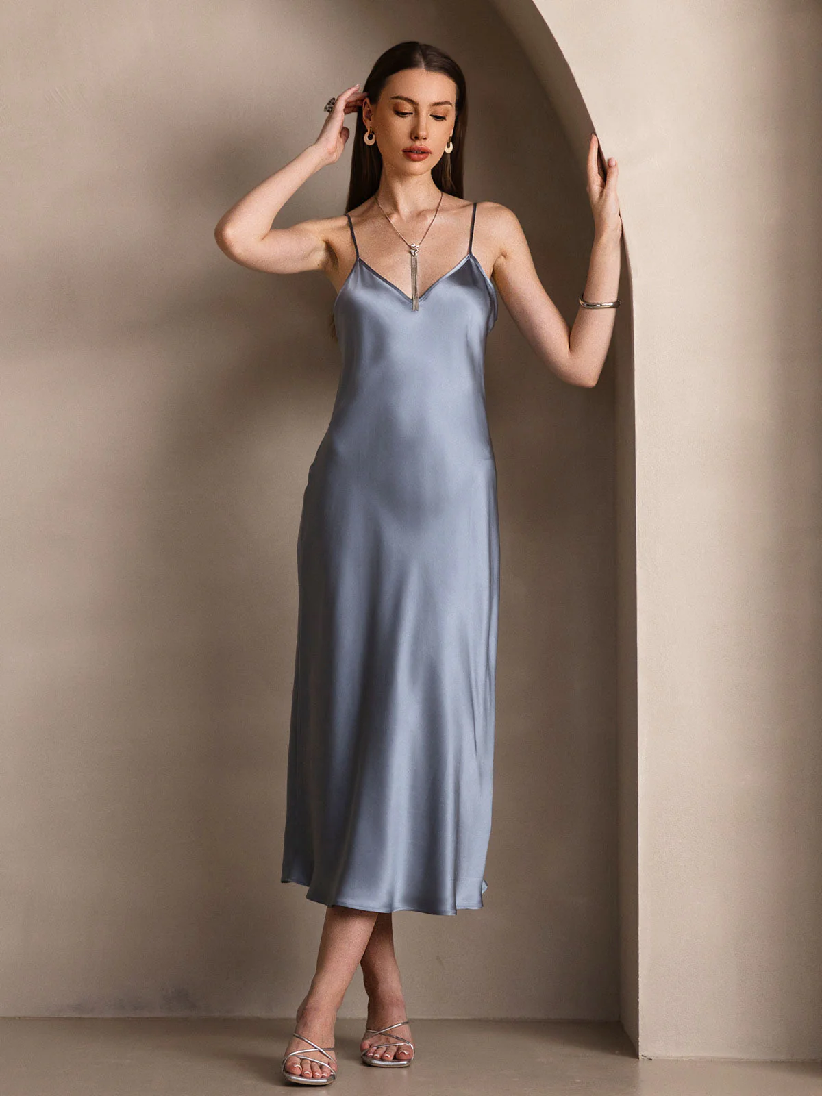 100% Soie de Mûrier Robe Longue Midi à Bretelles Spaghettis - Image 50