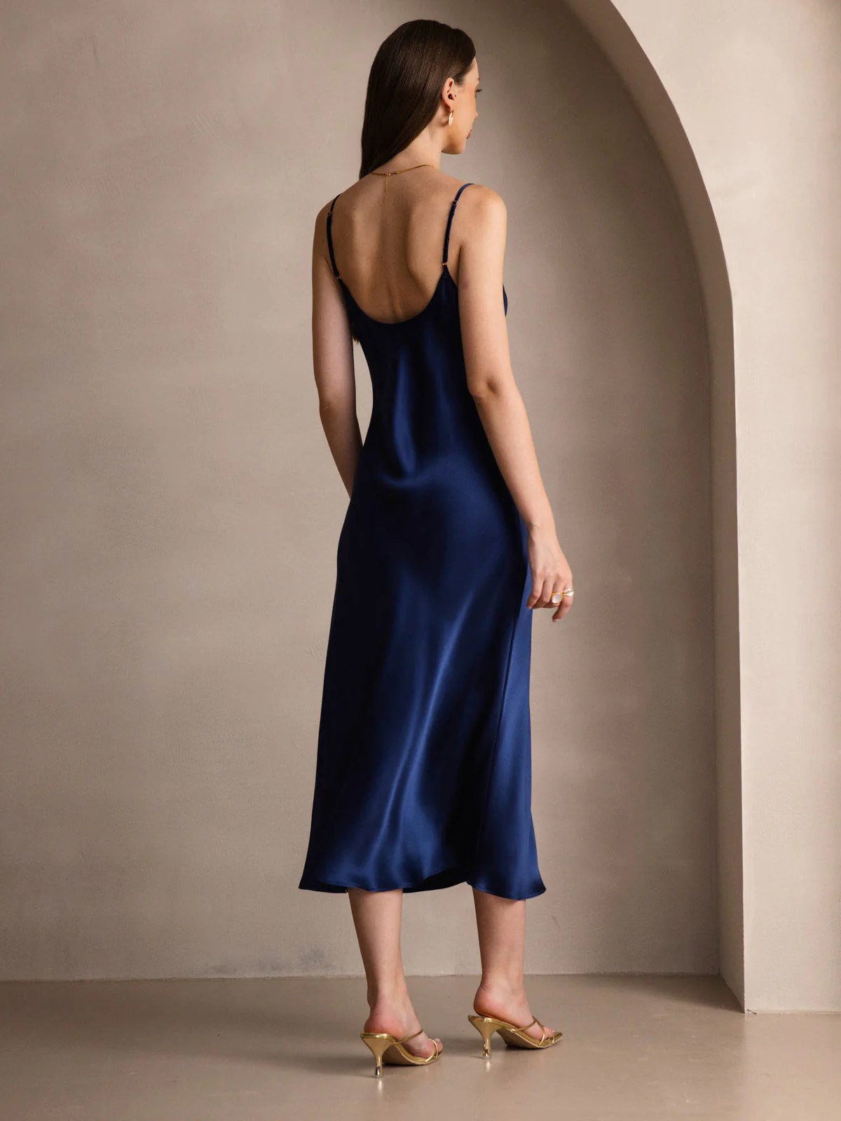 100% Soie de Mûrier Robe Longue Midi à Bretelles Spaghettis - Image 52