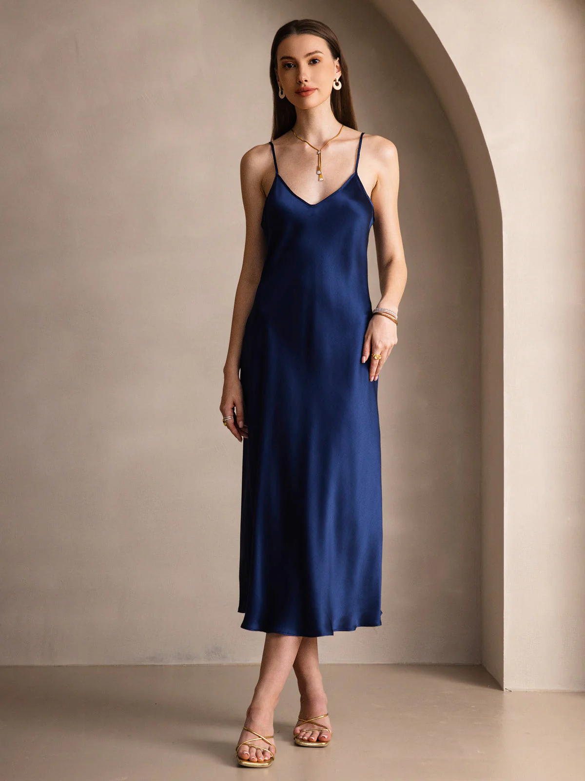 100% Soie de Mûrier Robe Longue Midi à Bretelles Spaghettis - Image 53