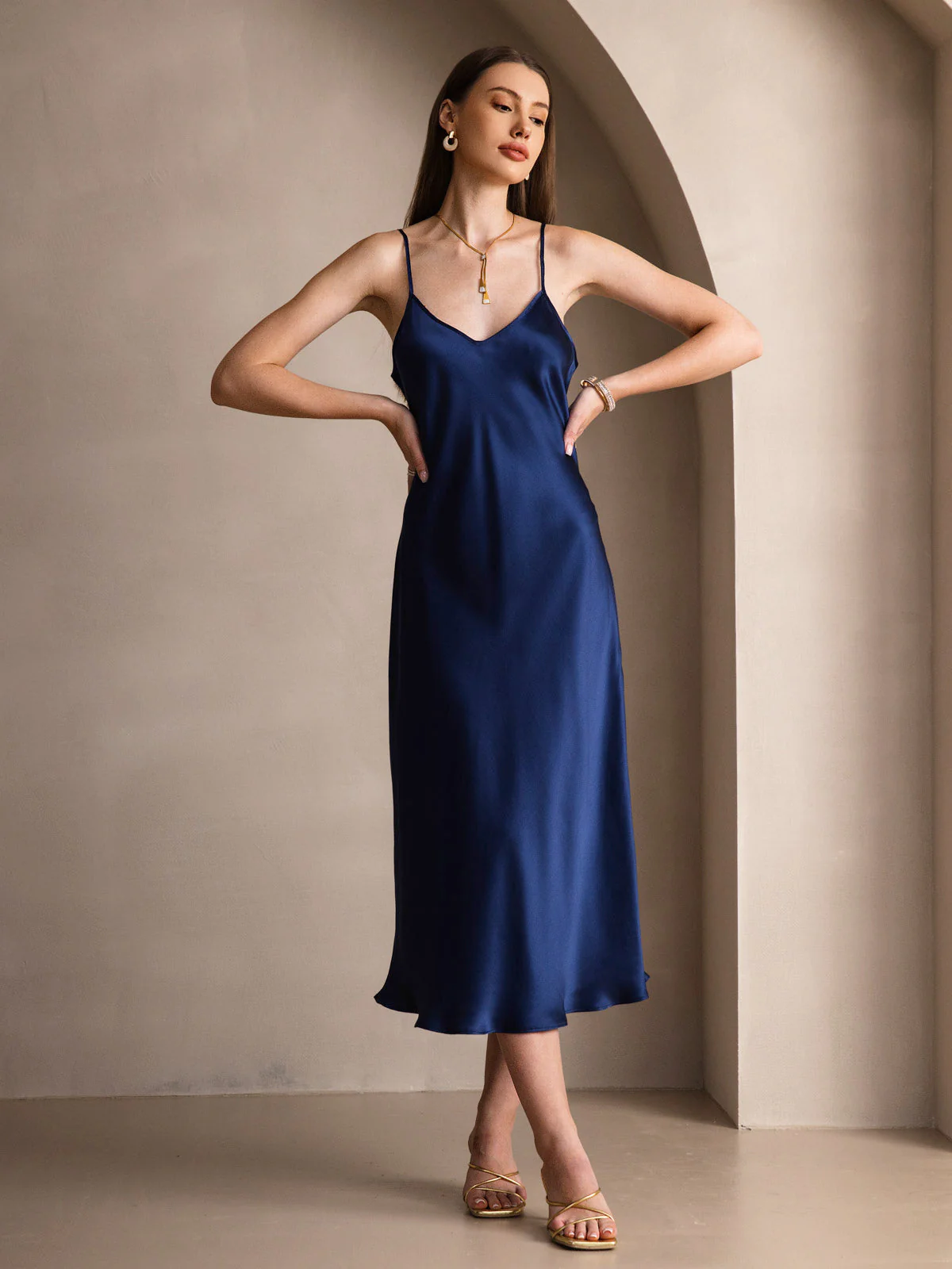 100% Soie de Mûrier Robe Longue Midi à Bretelles Spaghettis - Image 54