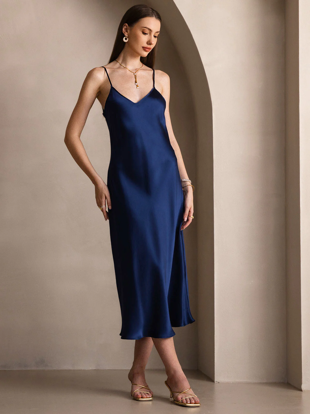 100% Soie de Mûrier Robe Longue Midi à Bretelles Spaghettis - Image 55