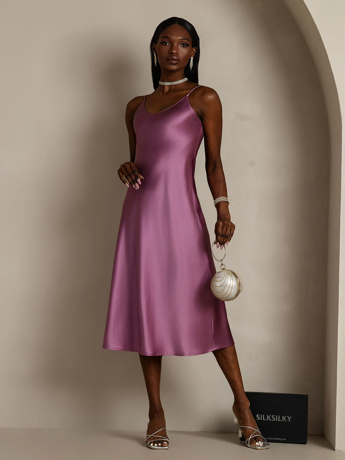 100% Soie de Mûrier Robe Longue Midi à Bretelles Spaghettis - Image 67