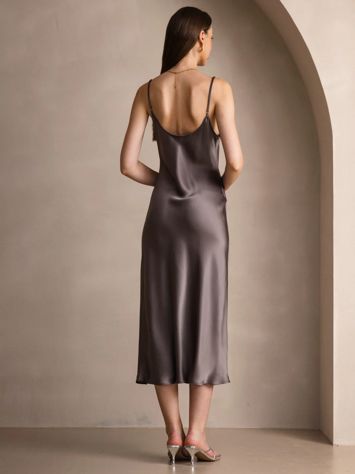 100% Soie de Mûrier Robe Longue Midi à Bretelles Spaghettis - Image 70