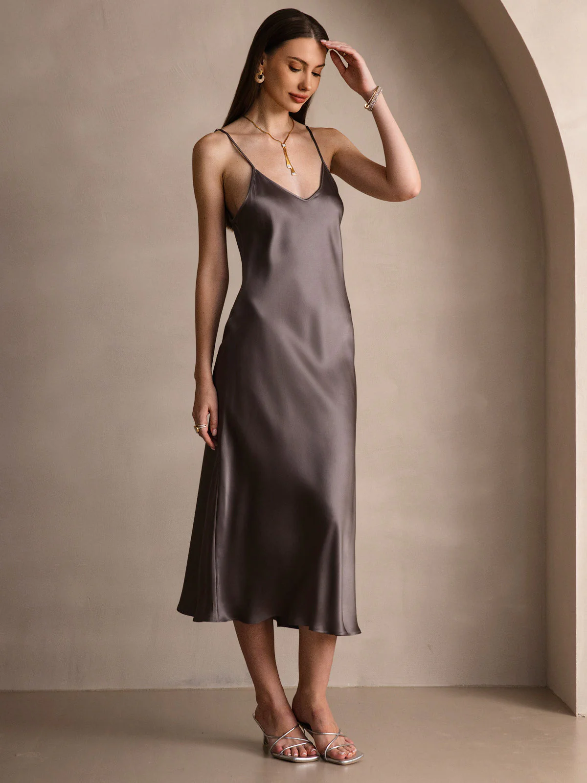 100% Soie de Mûrier Robe Longue Midi à Bretelles Spaghettis - Image 75