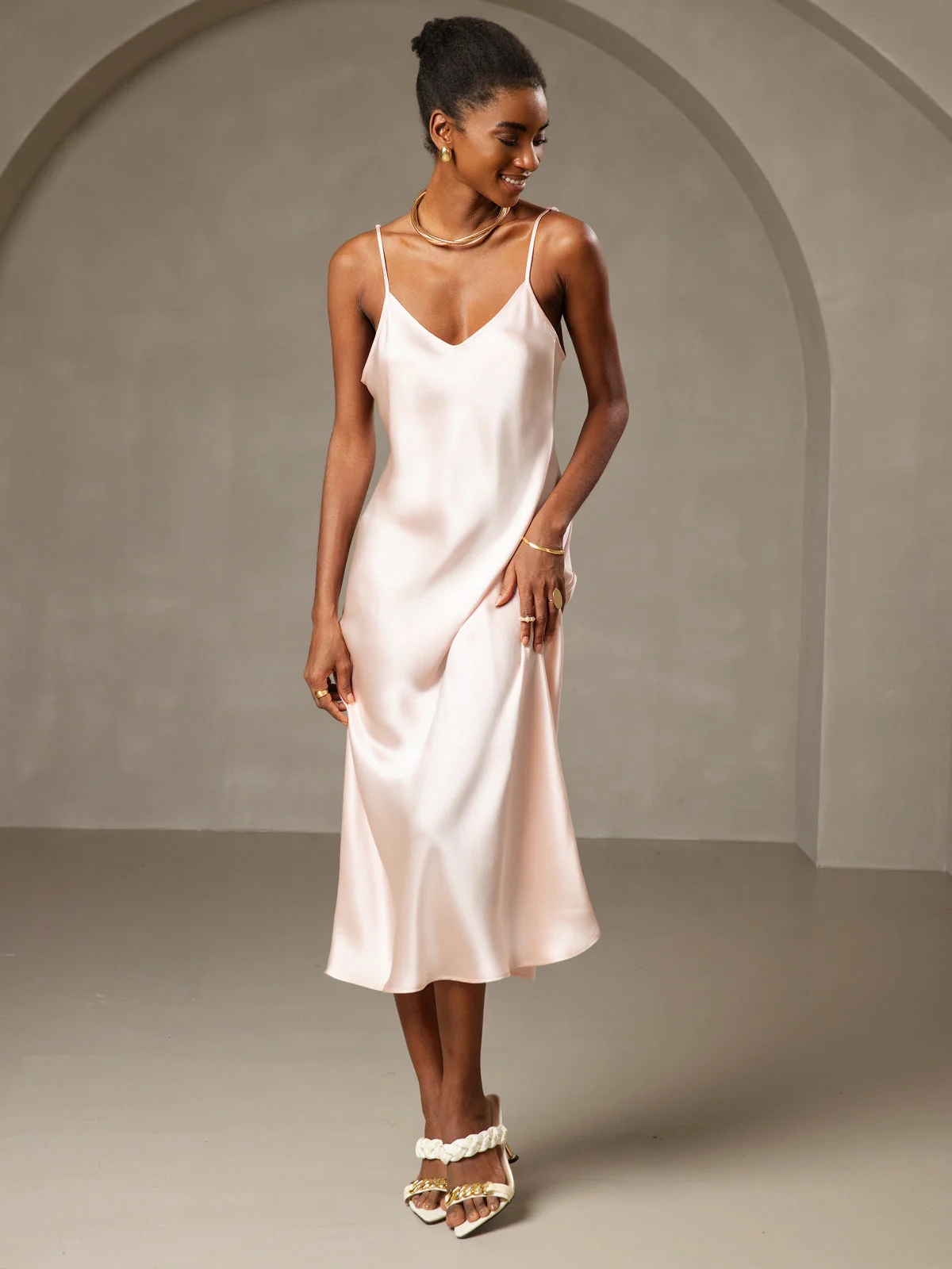 100% Soie de Mûrier Robe Longue Midi à Bretelles Spaghettis - Image 76