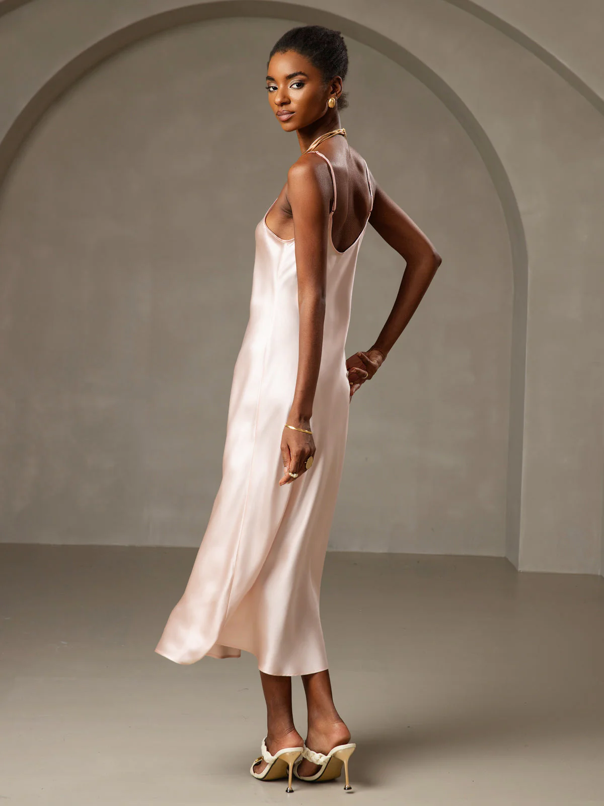 100% Soie de Mûrier Robe Longue Midi à Bretelles Spaghettis - Image 77