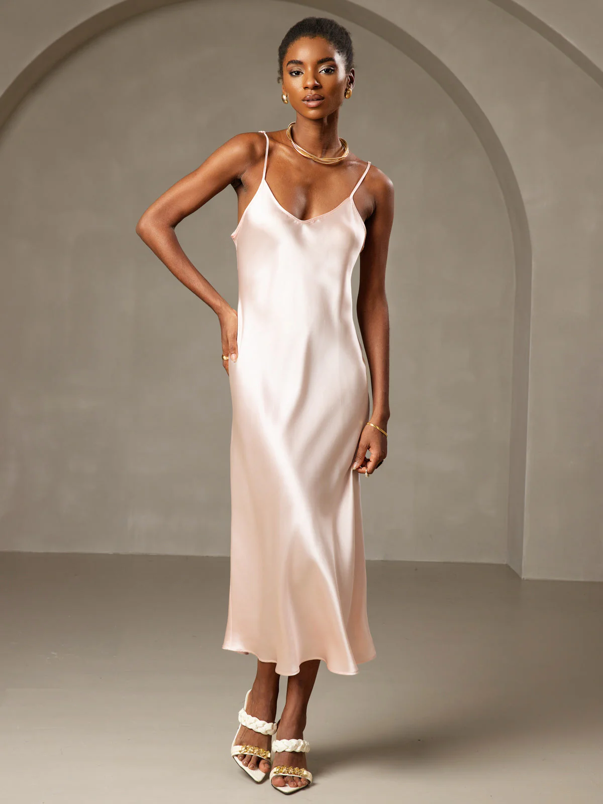 100% Soie de Mûrier Robe Longue Midi à Bretelles Spaghettis - Image 78