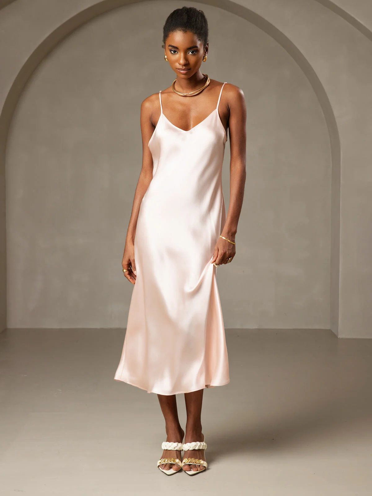 100% Soie de Mûrier Robe Longue Midi à Bretelles Spaghettis - Image 79