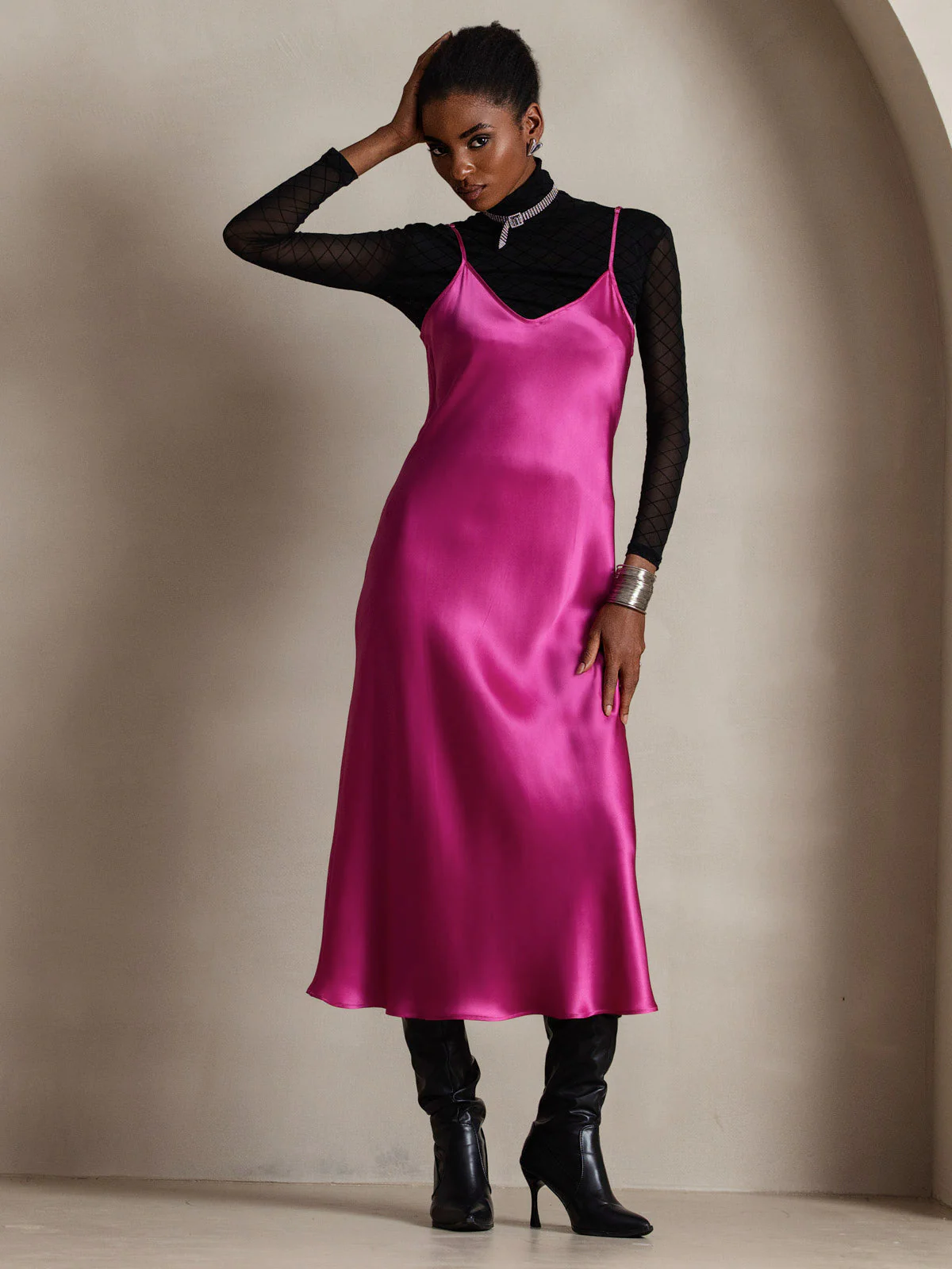100% Soie de Mûrier Robe Longue Midi à Bretelles Spaghettis - Image 81