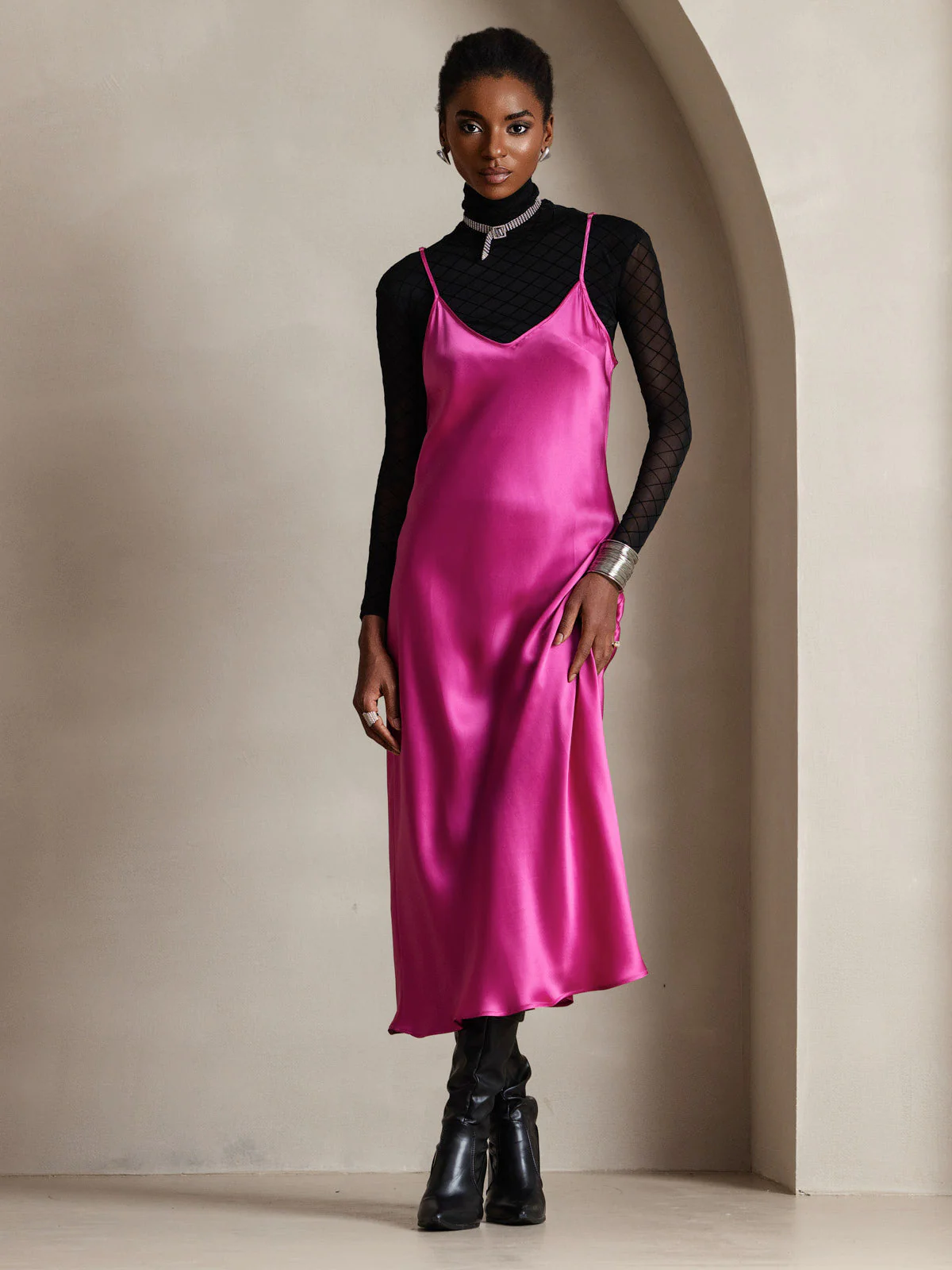 100% Soie de Mûrier Robe Longue Midi à Bretelles Spaghettis - Image 84