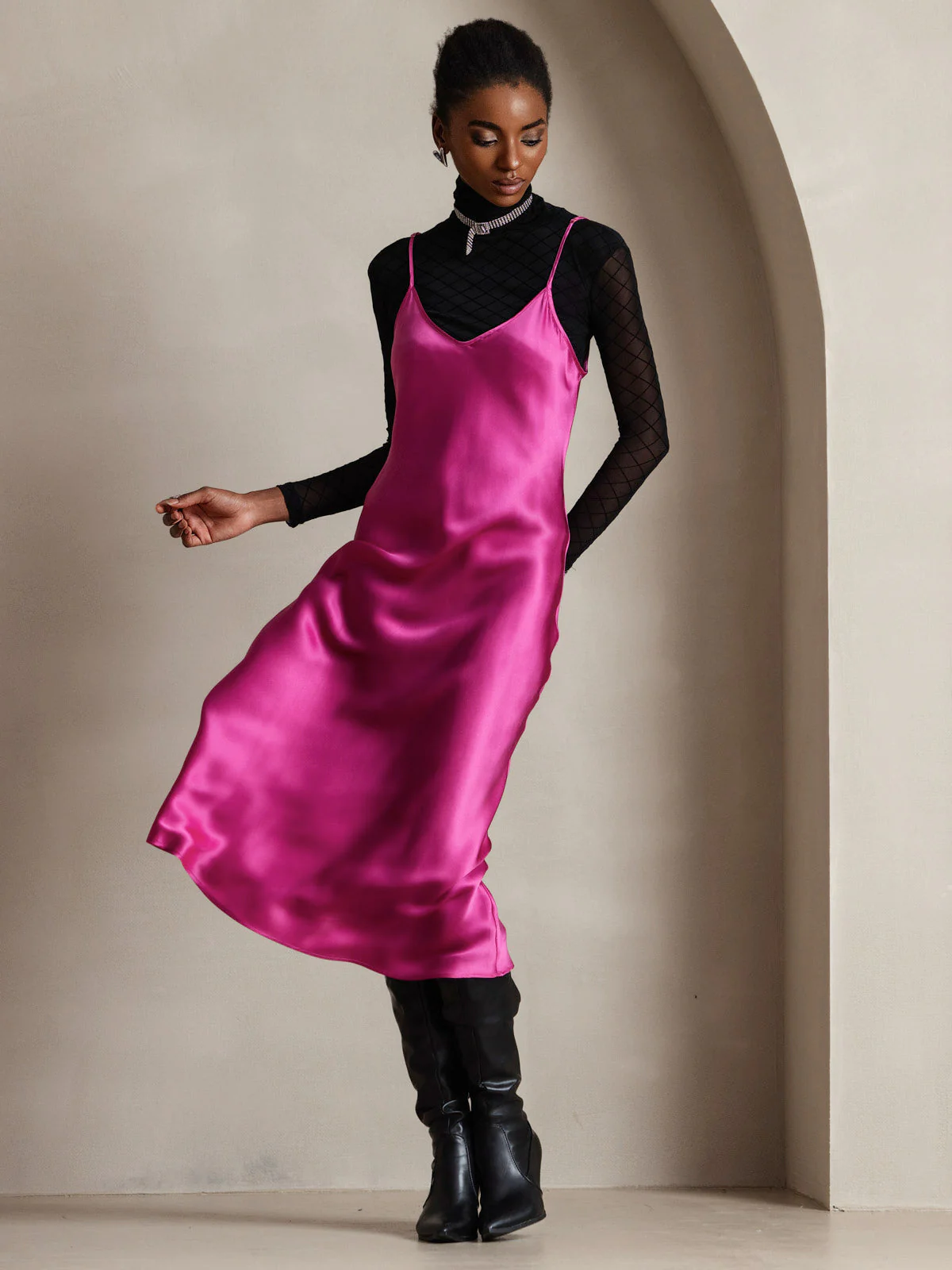 100% Soie de Mûrier Robe Longue Midi à Bretelles Spaghettis - Image 85