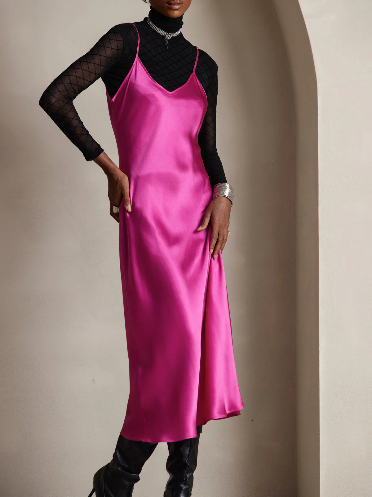 100% Soie de Mûrier Robe Longue Midi à Bretelles Spaghettis - Image 86
