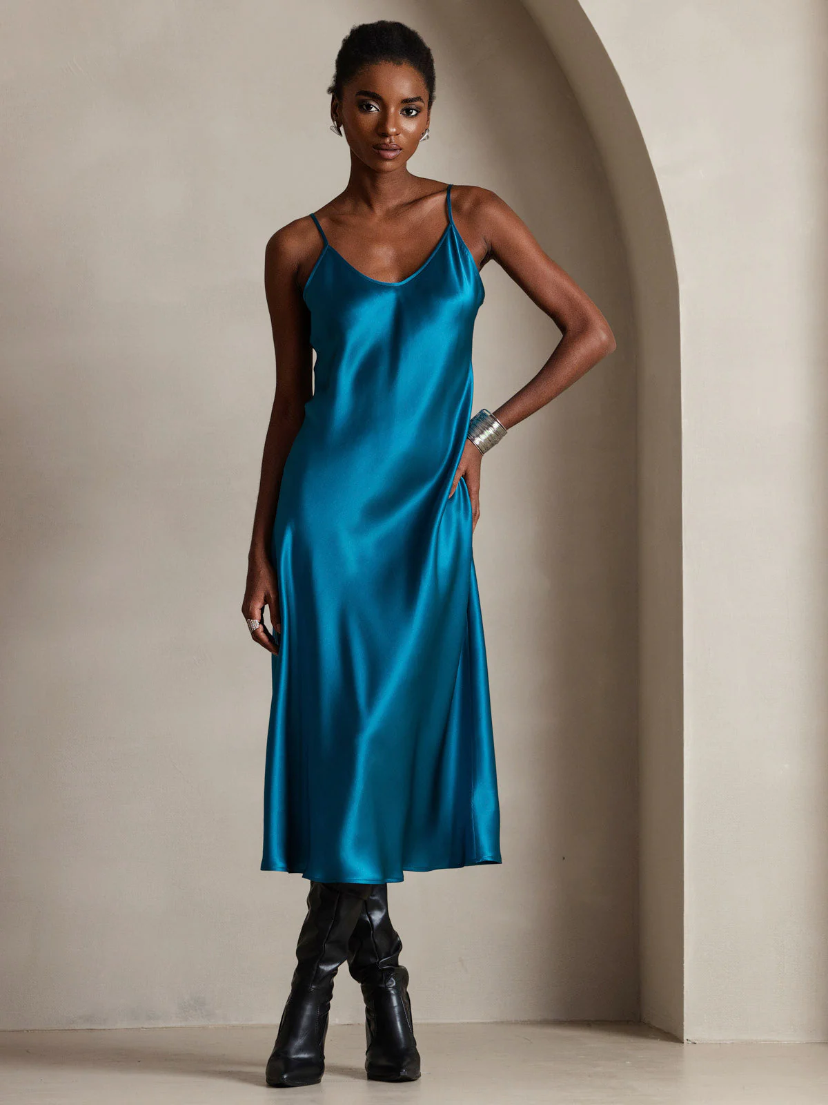 100% Soie de Mûrier Robe Longue Midi à Bretelles Spaghettis - Image 87