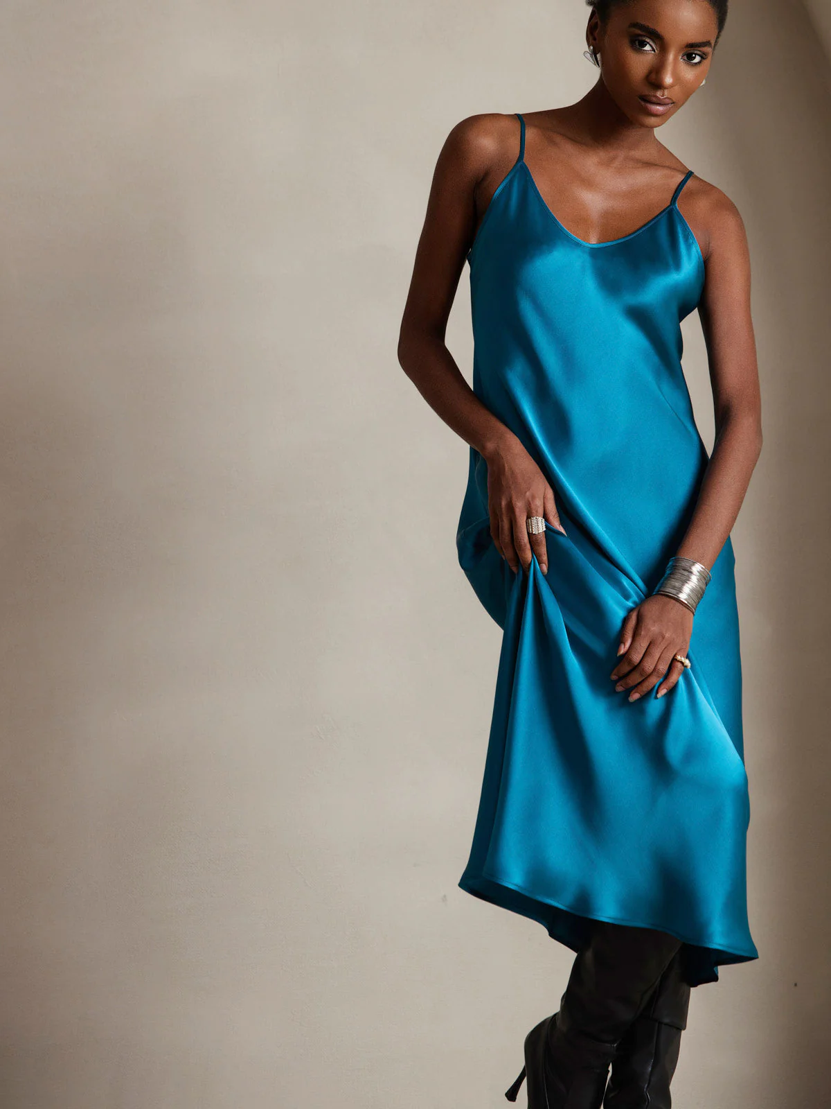 100% Soie de Mûrier Robe Longue Midi à Bretelles Spaghettis - Image 89