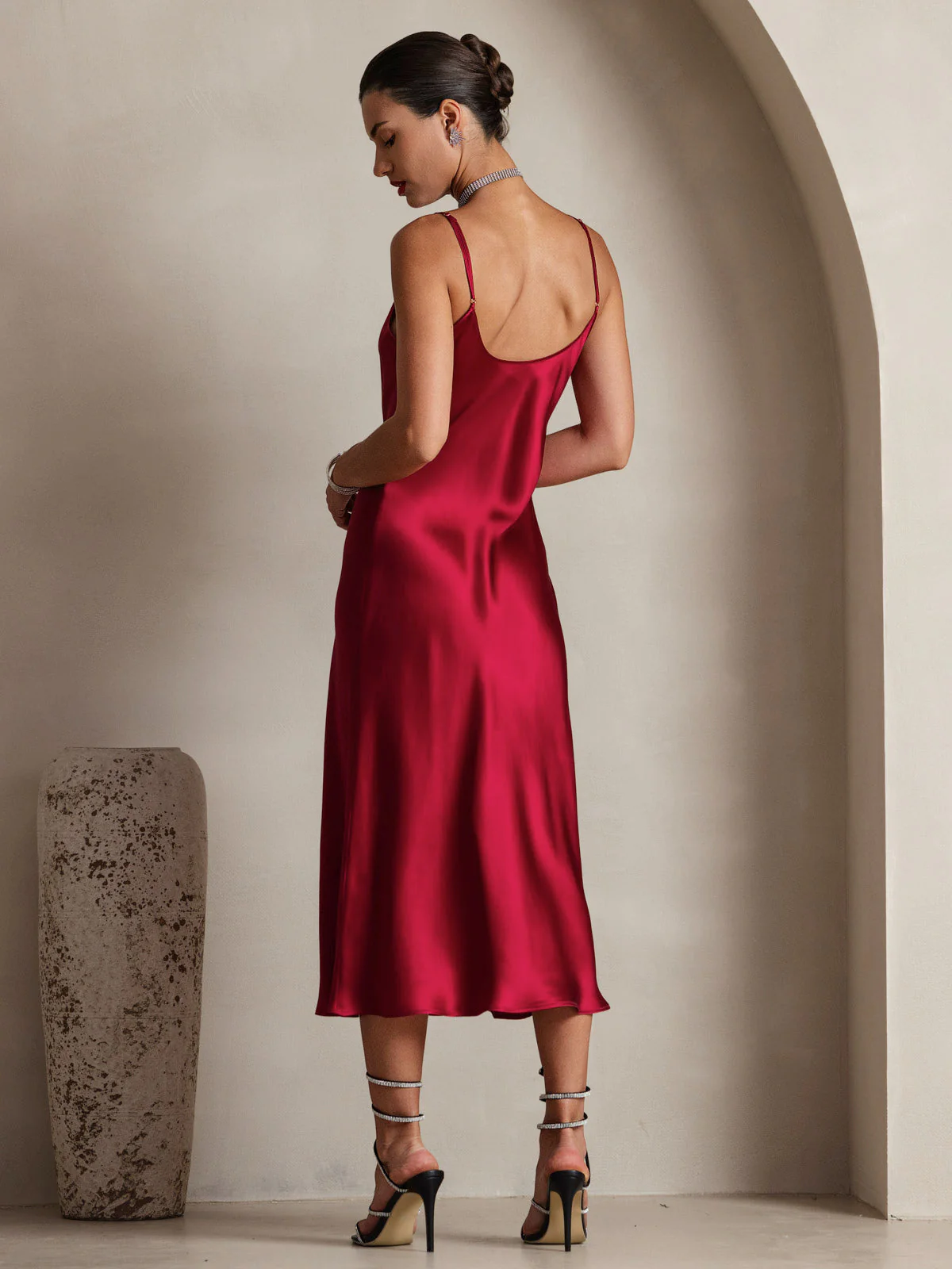 100% Soie de Mûrier Robe Longue Midi à Bretelles Spaghettis - Image 9
