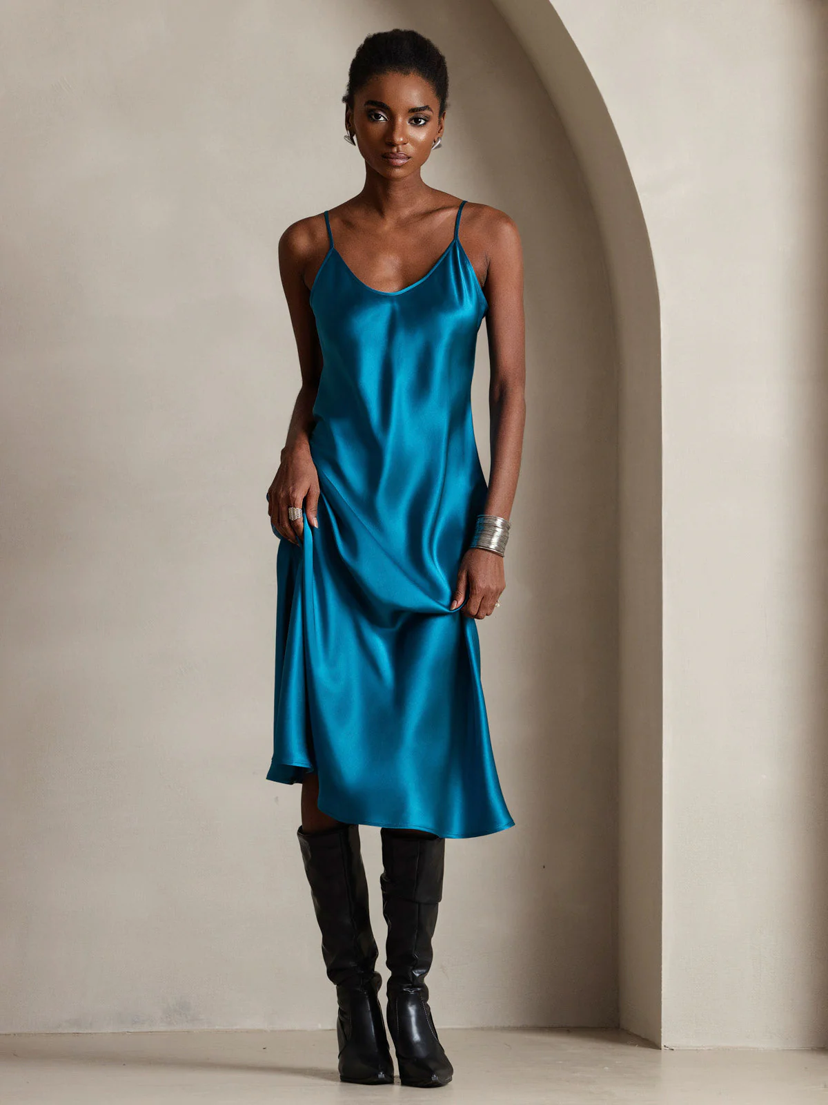 100% Soie de Mûrier Robe Longue Midi à Bretelles Spaghettis - Image 90