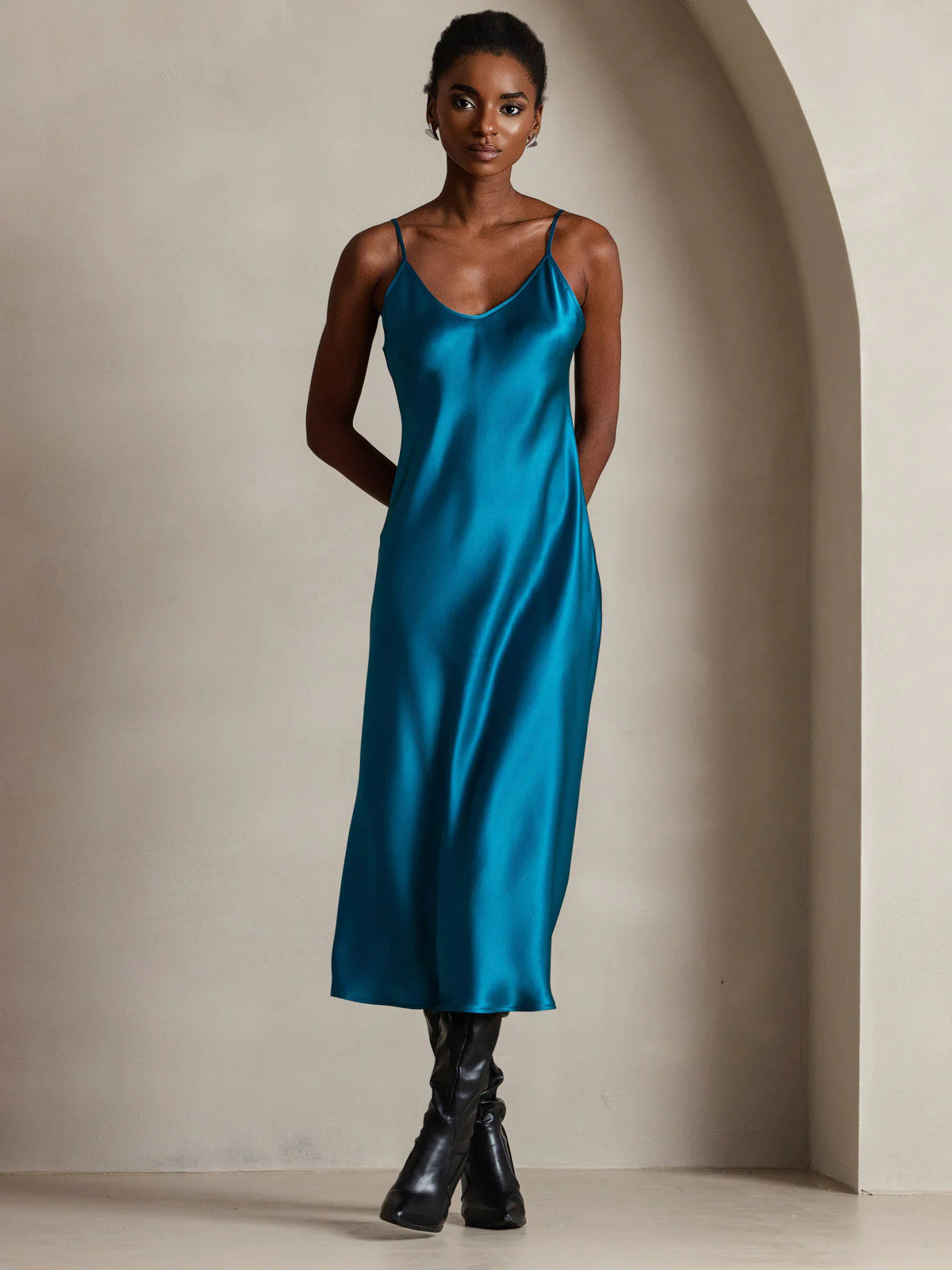 100% Soie de Mûrier Robe Longue Midi à Bretelles Spaghettis - Image 91