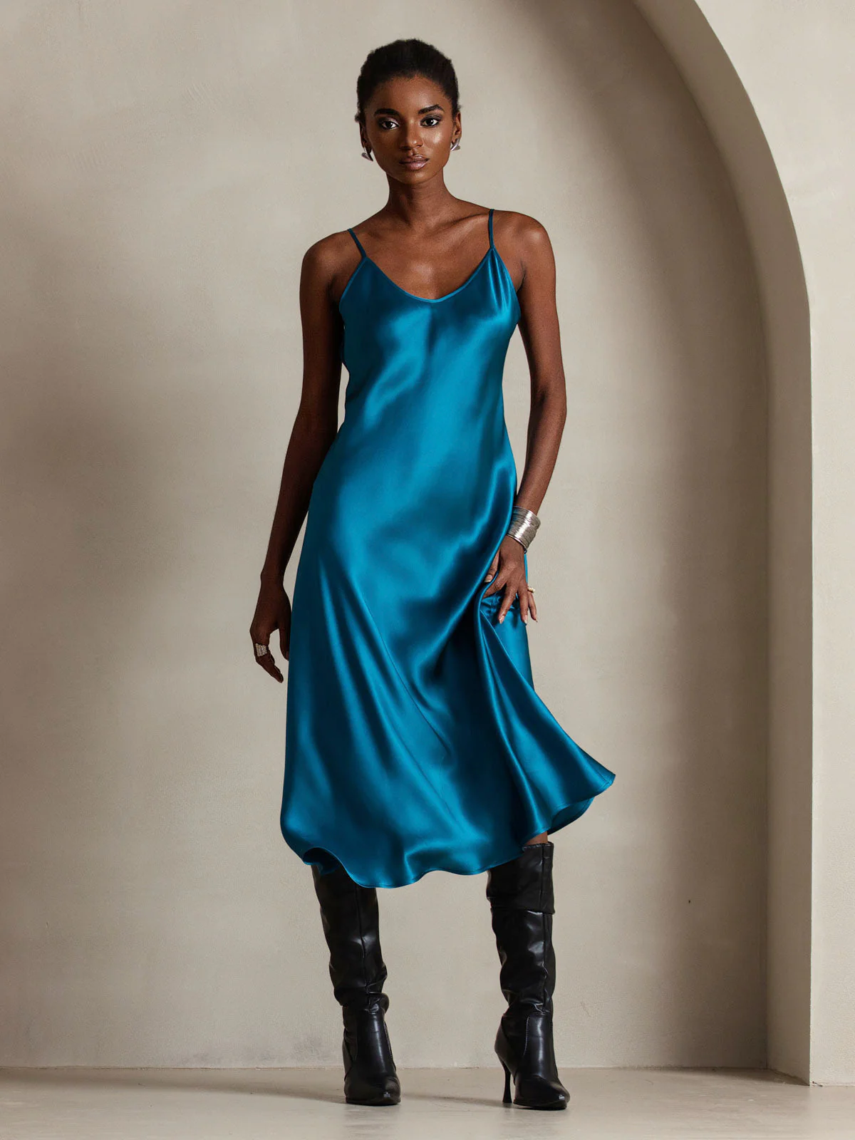 100% Soie de Mûrier Robe Longue Midi à Bretelles Spaghettis - Image 92