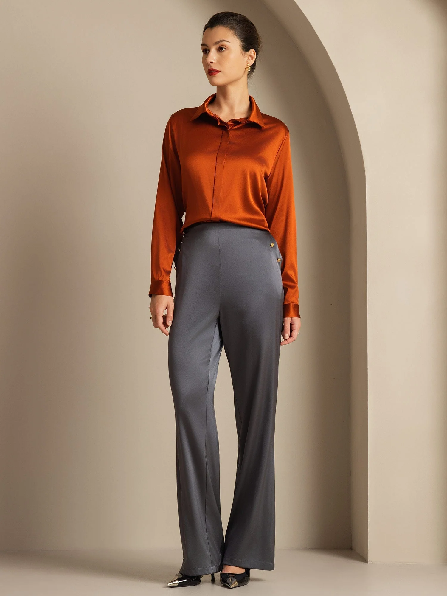 19Momme Soie Ajusté Bouton Poches Costume Pantalon - Image 24