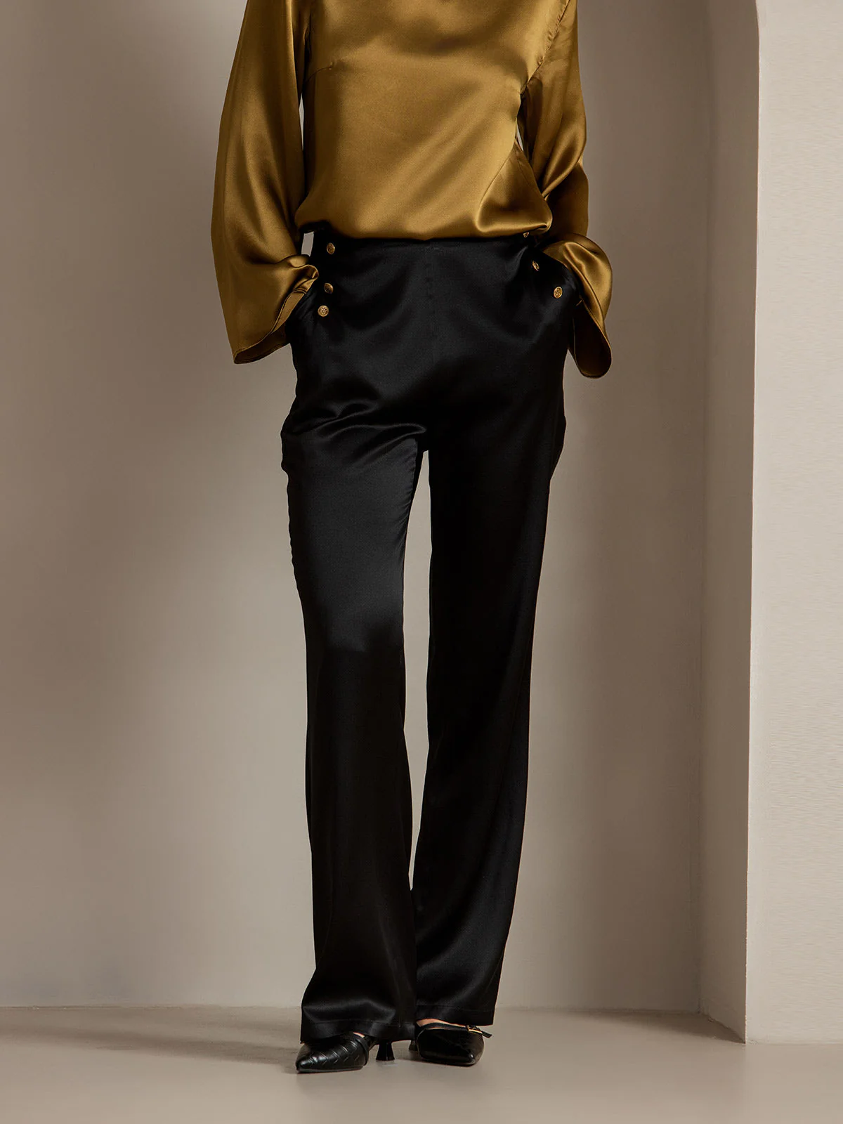 19Momme Soie Ajusté Bouton Poches Costume Pantalon - Image 4