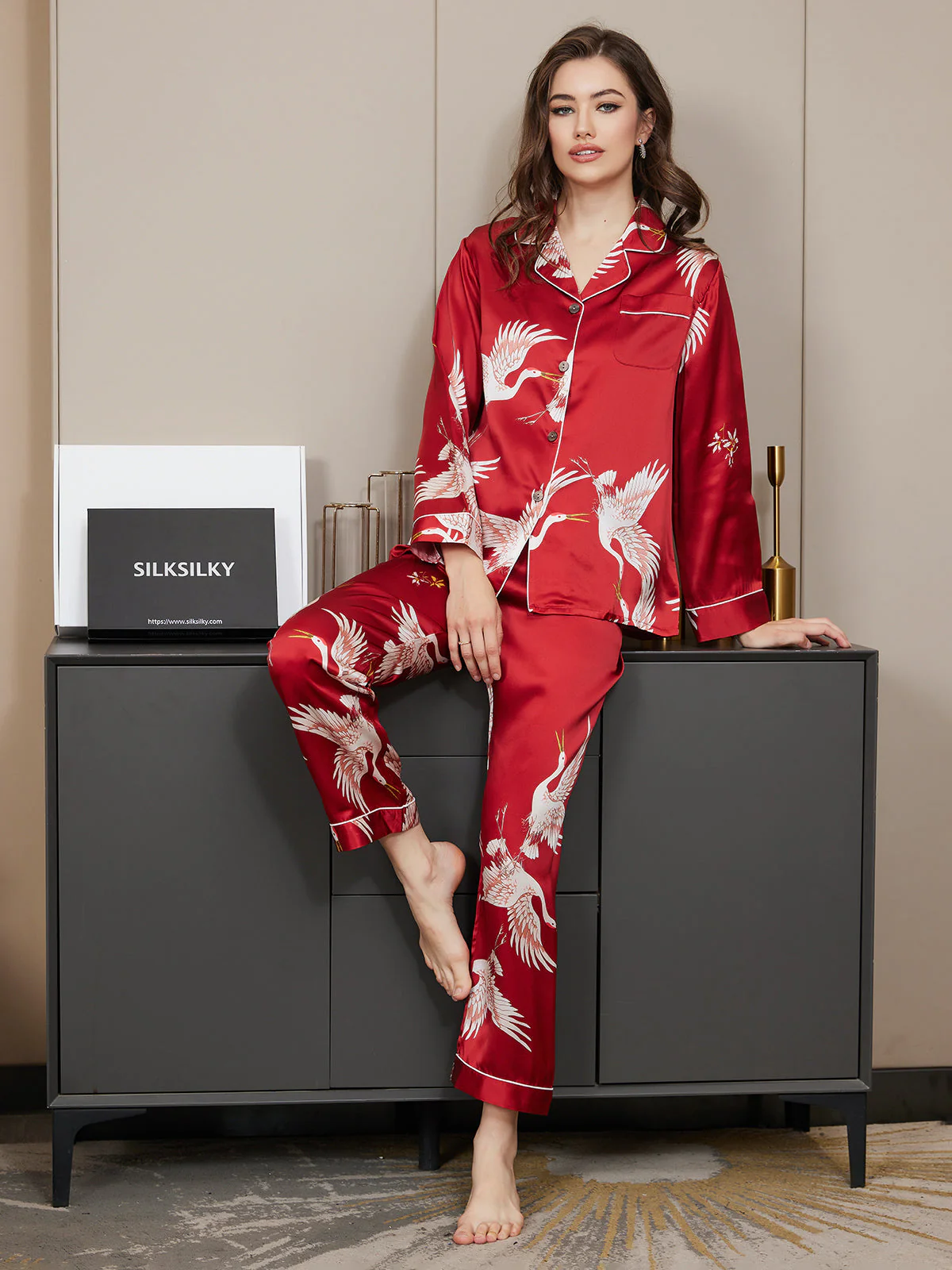 Ensemble De Pyjama En Soie Pure 19Momme À Revers Et À Manches Longues Pour Femme Avec Imprimé Grue
