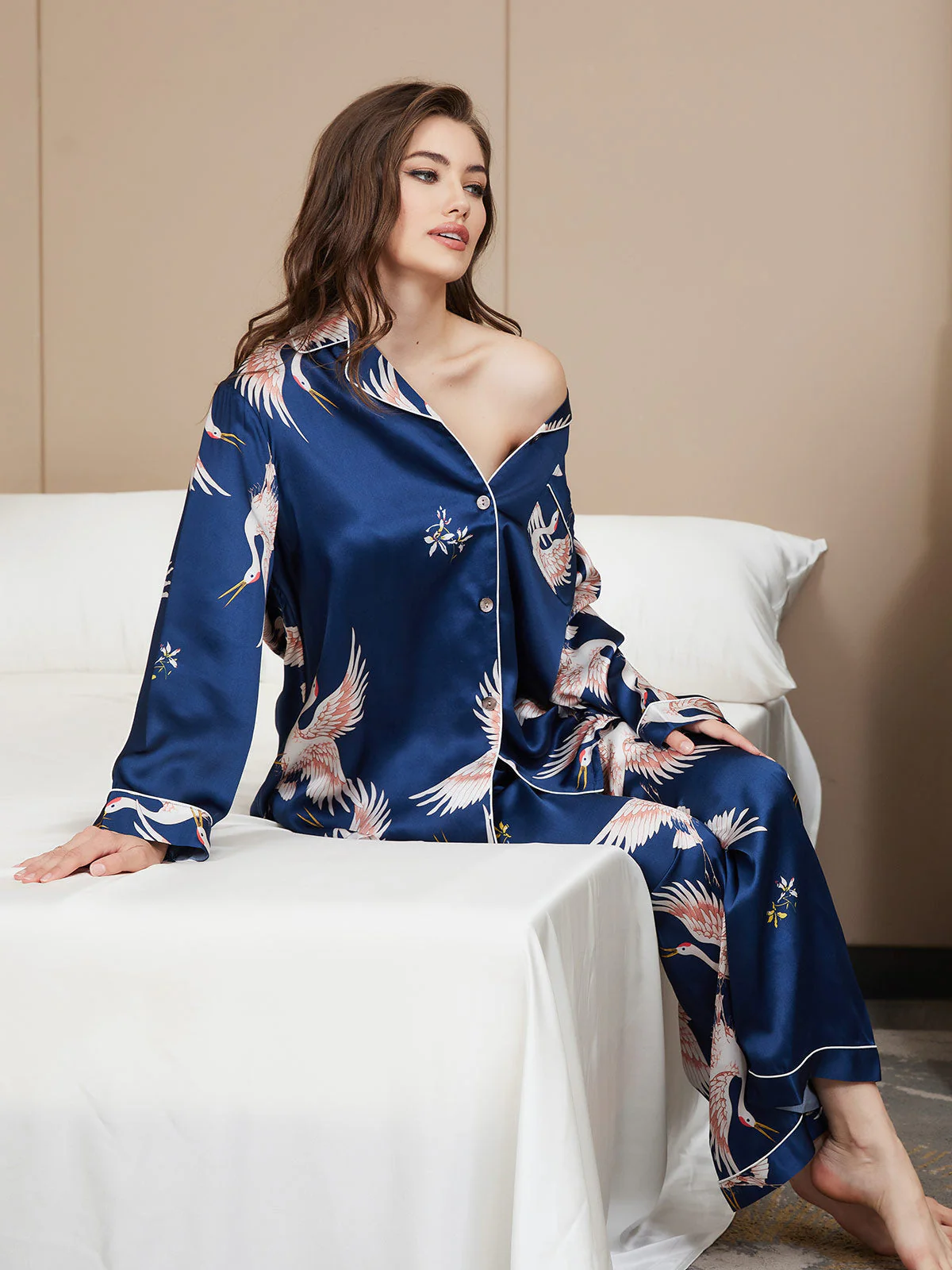 Ensemble De Pyjama En Soie Pure 19Momme À Revers Et À Manches Longues Pour Femme Avec Imprimé Grue - Image 10