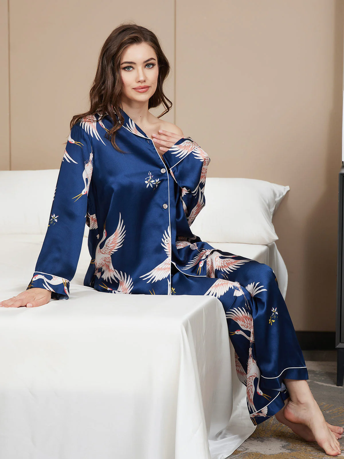 Ensemble De Pyjama En Soie Pure 19Momme À Revers Et À Manches Longues Pour Femme Avec Imprimé Grue - Image 14