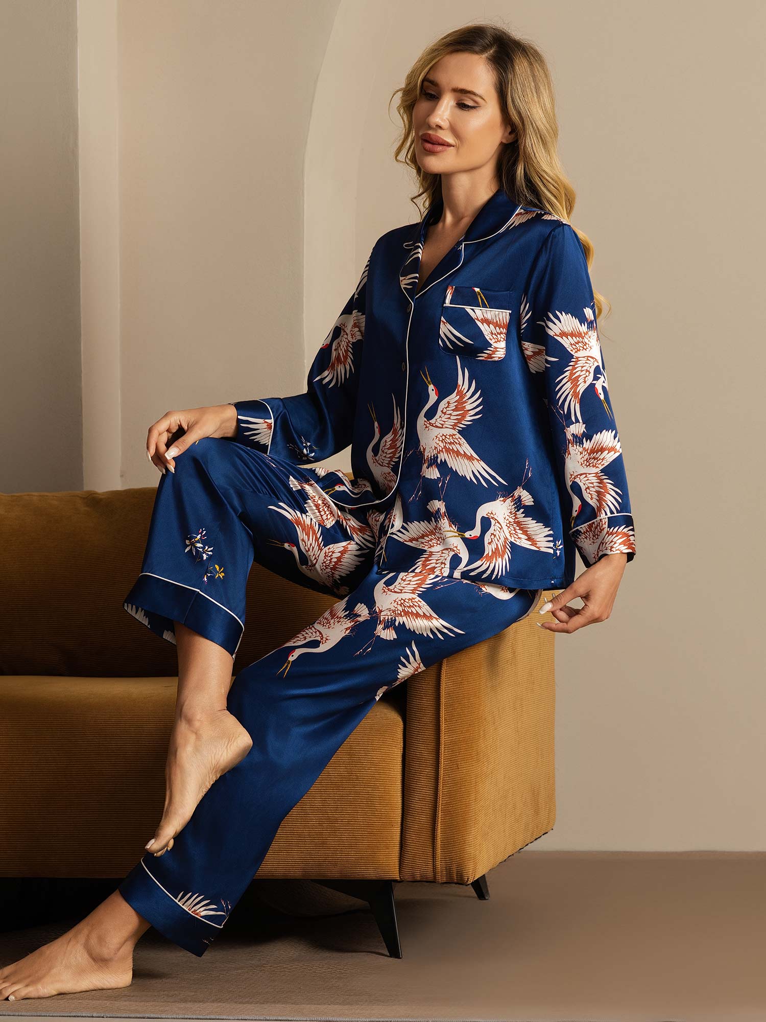 Ensemble De Pyjama En Soie Pure 19Momme À Revers Et À Manches Longues Pour Femme Avec Imprimé Grue - Image 17