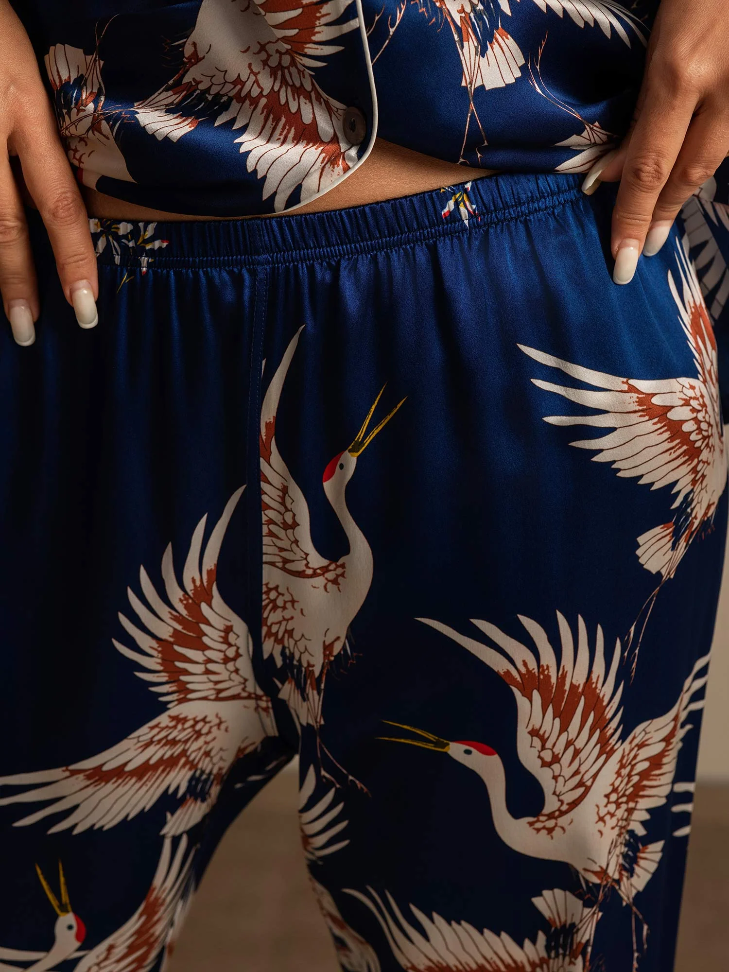 Ensemble De Pyjama En Soie Pure 19Momme À Revers Et À Manches Longues Pour Femme Avec Imprimé Grue - Image 18