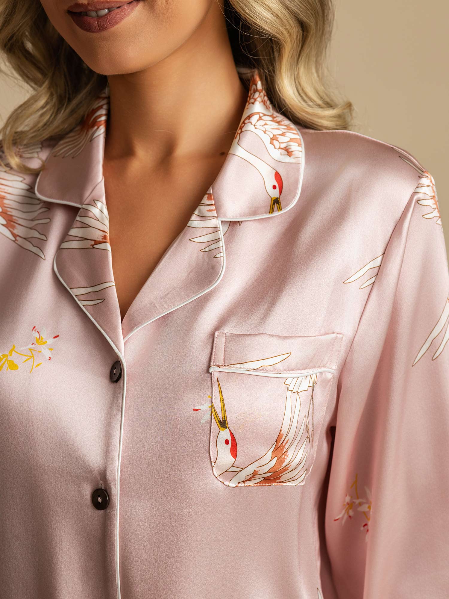 Ensemble De Pyjama En Soie Pure 19Momme À Revers Et À Manches Longues Pour Femme Avec Imprimé Grue - Image 22