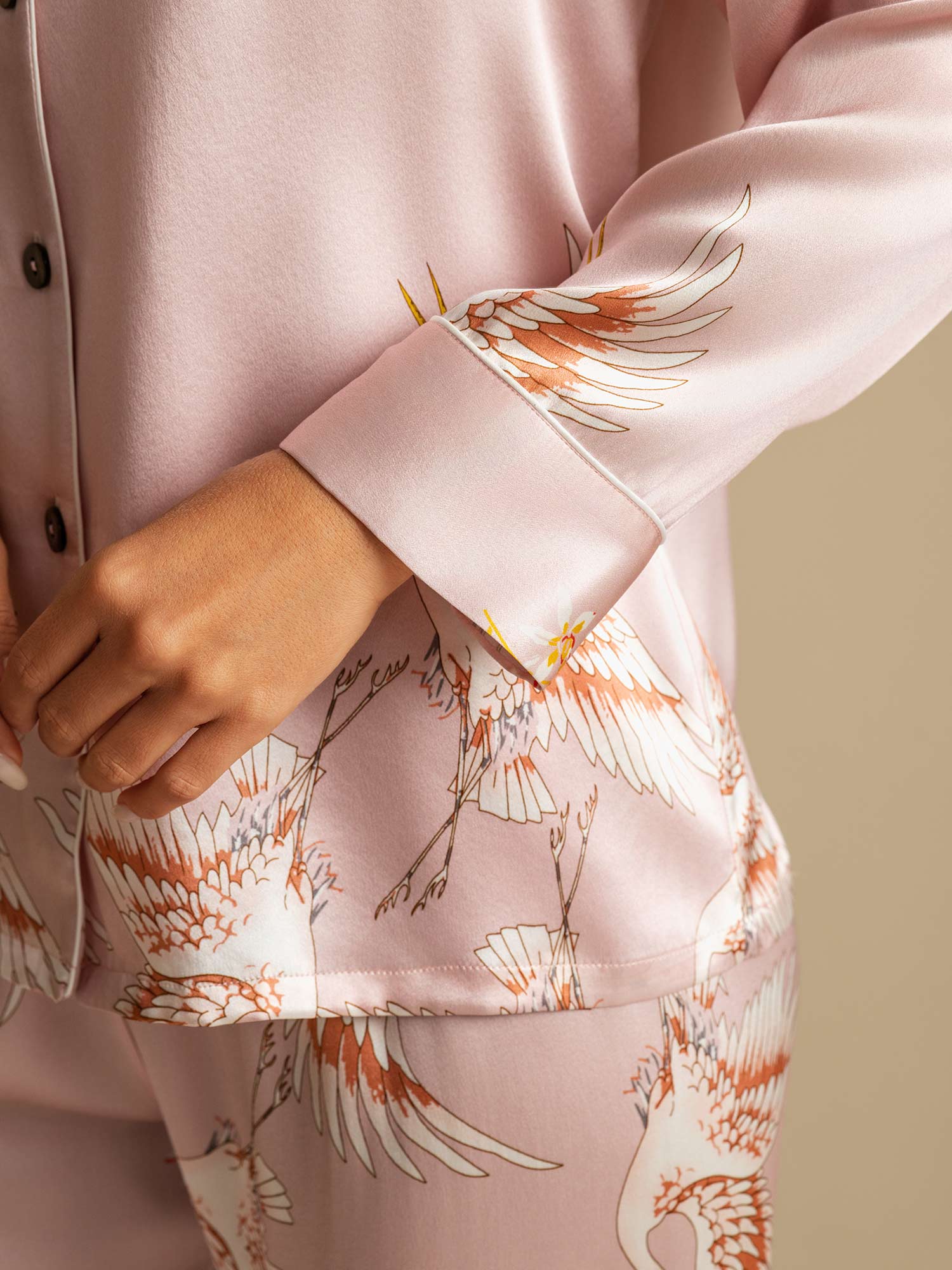 Ensemble De Pyjama En Soie Pure 19Momme À Revers Et À Manches Longues Pour Femme Avec Imprimé Grue - Image 23