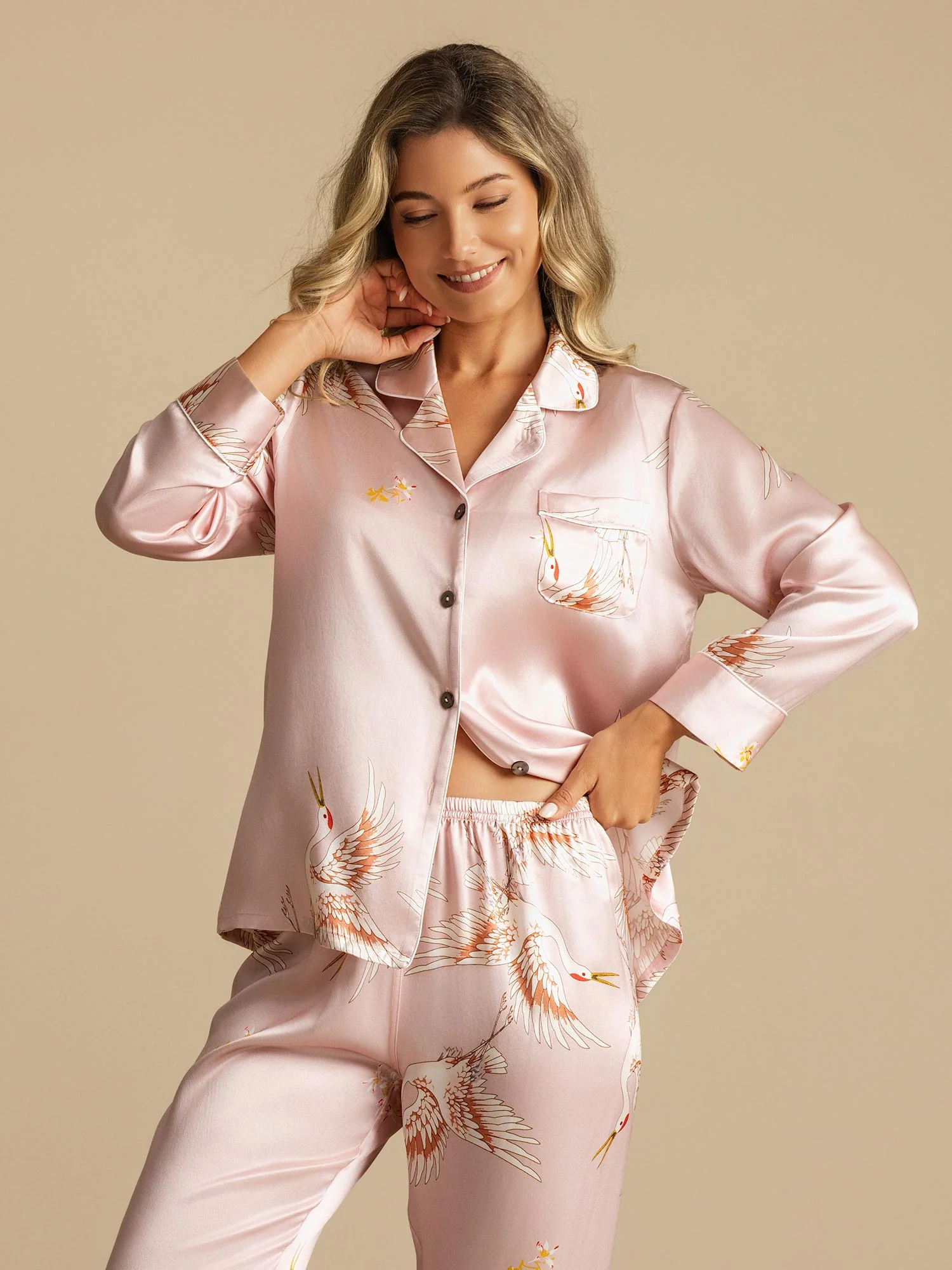 Ensemble De Pyjama En Soie Pure 19Momme À Revers Et À Manches Longues Pour Femme Avec Imprimé Grue - Image 24