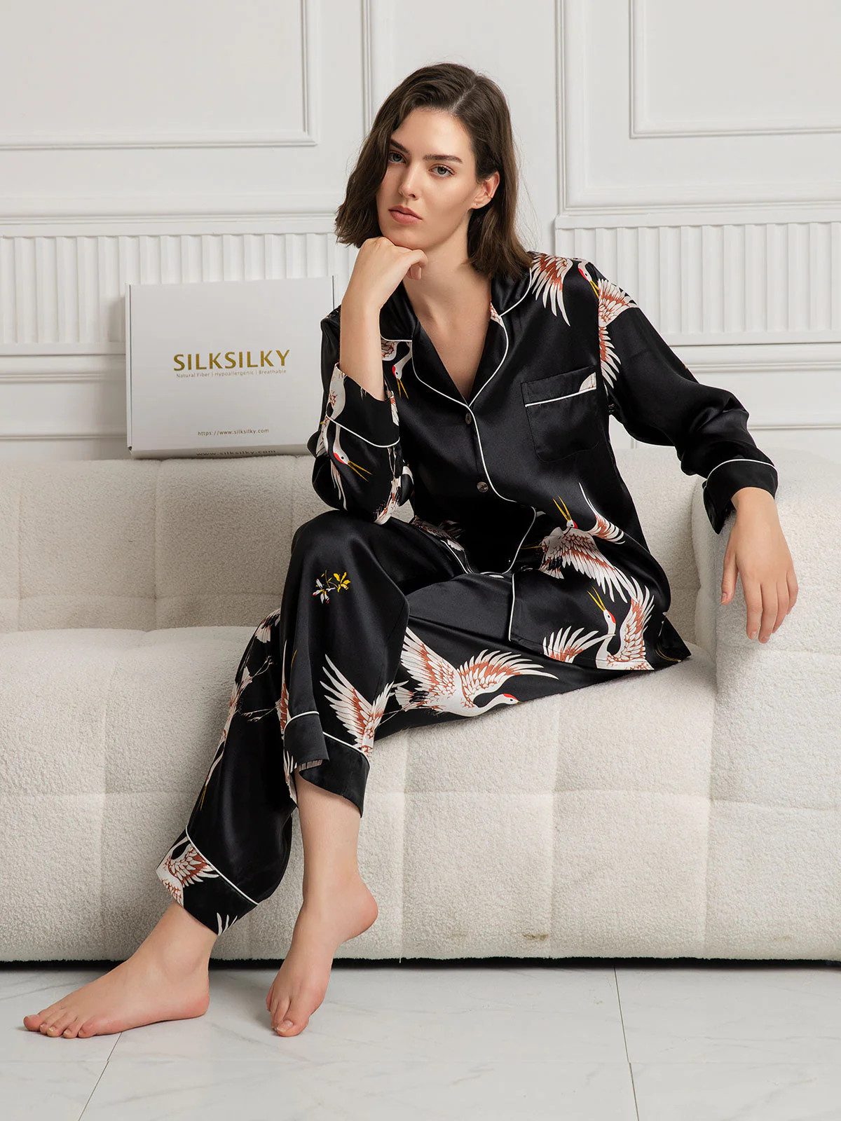 Ensemble De Pyjama En Soie Pure 19Momme À Revers Et À Manches Longues Pour Femme Avec Imprimé Grue - Image 28
