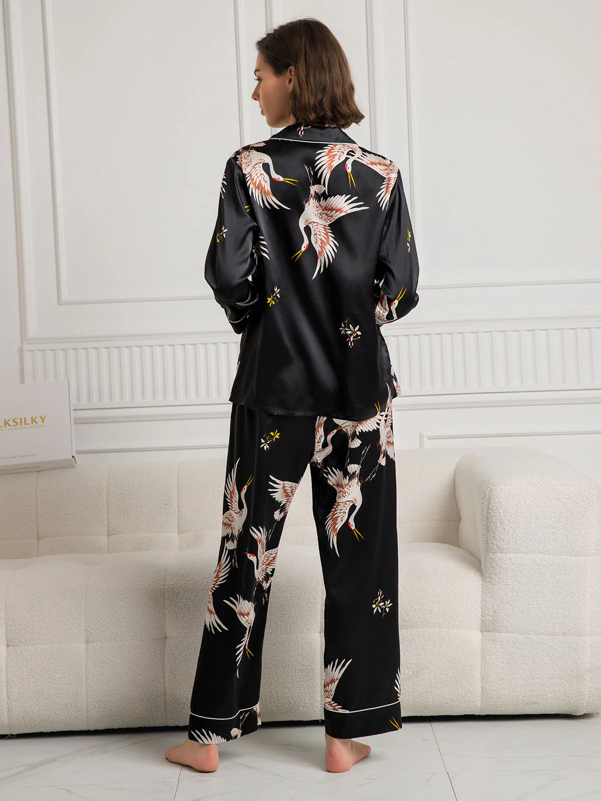 Ensemble De Pyjama En Soie Pure 19Momme À Revers Et À Manches Longues Pour Femme Avec Imprimé Grue - Image 29