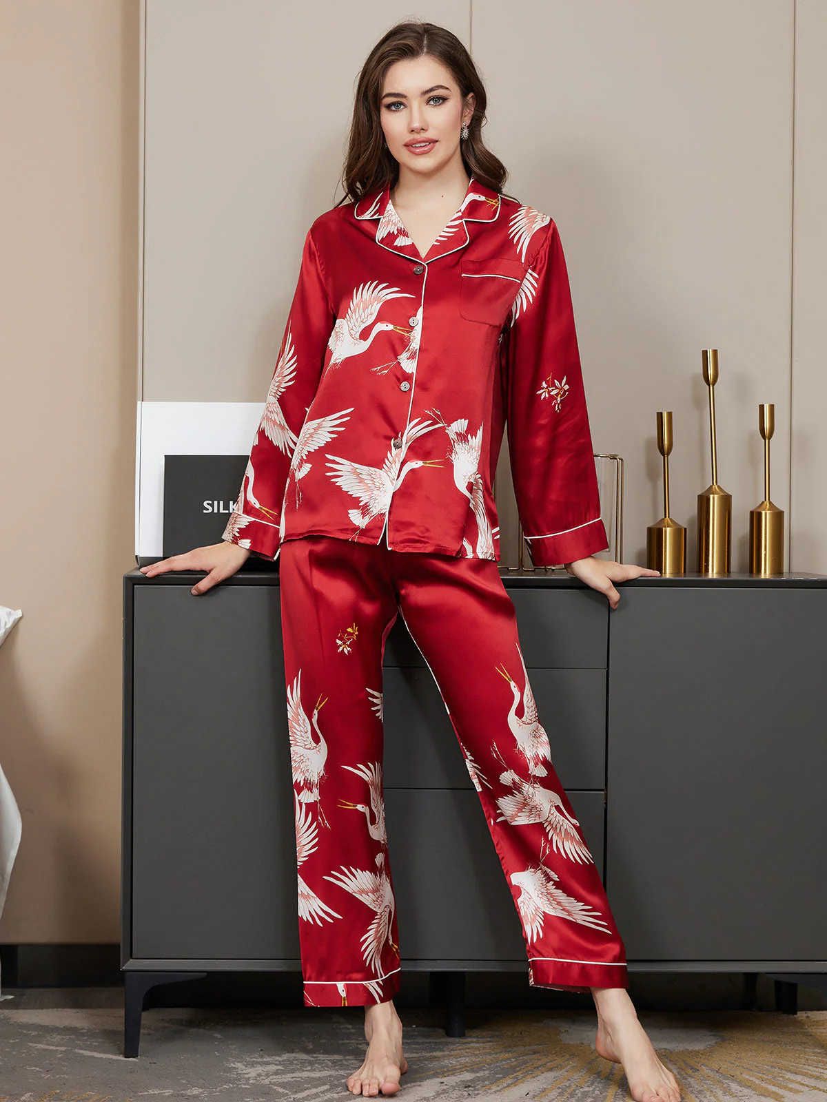 Ensemble De Pyjama En Soie Pure 19Momme À Revers Et À Manches Longues Pour Femme Avec Imprimé Grue - Image 3