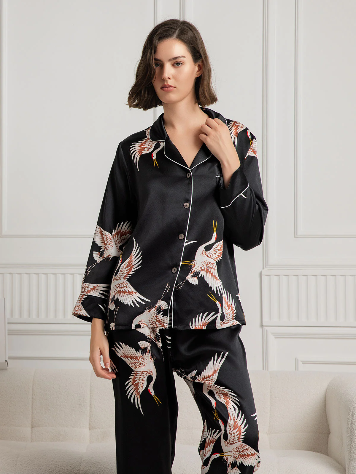 Ensemble De Pyjama En Soie Pure 19Momme À Revers Et À Manches Longues Pour Femme Avec Imprimé Grue - Image 30