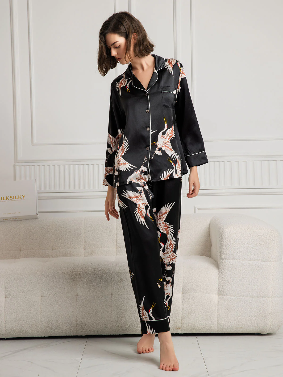 Ensemble De Pyjama En Soie Pure 19Momme À Revers Et À Manches Longues Pour Femme Avec Imprimé Grue - Image 31