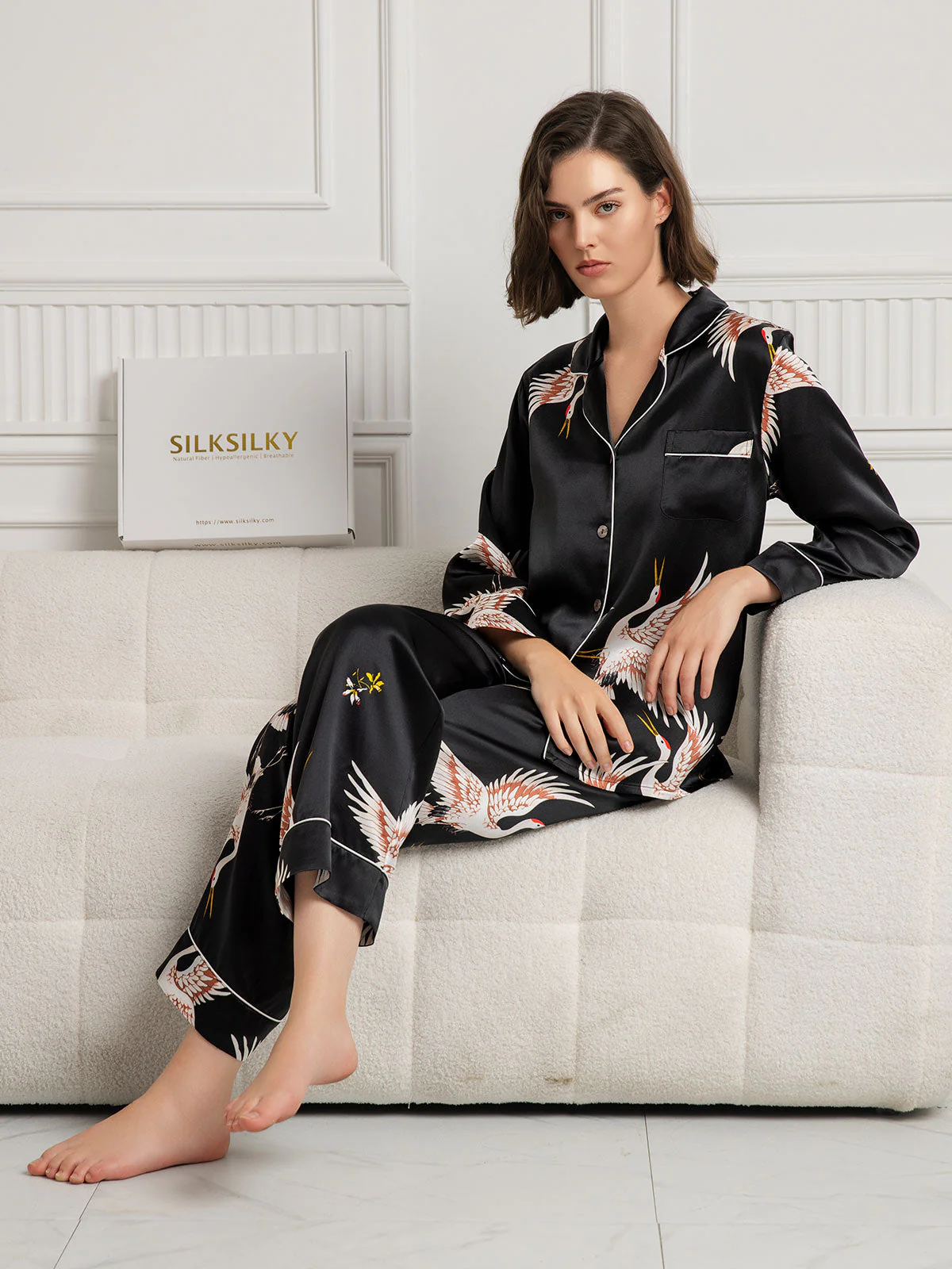 Ensemble De Pyjama En Soie Pure 19Momme À Revers Et À Manches Longues Pour Femme Avec Imprimé Grue - Image 32