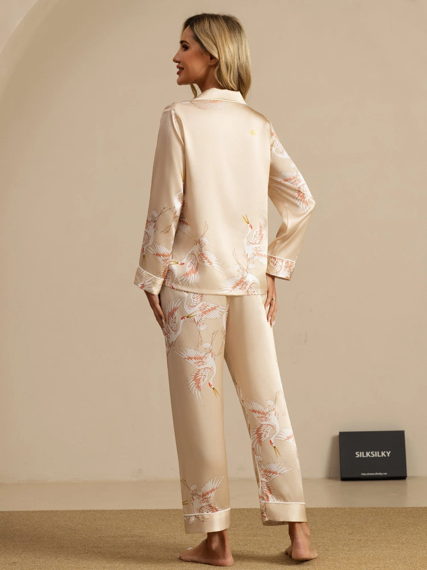 Ensemble De Pyjama En Soie Pure 19Momme À Revers Et À Manches Longues Pour Femme Avec Imprimé Grue - Image 34